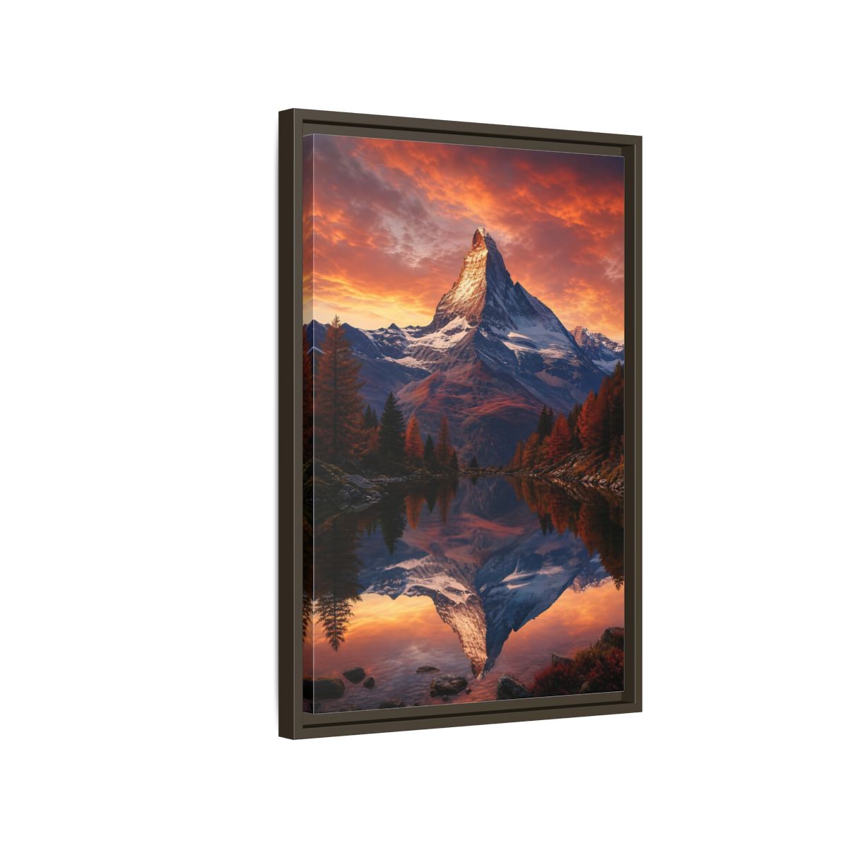 Nature Mountain Orange Lake Framed Canvas Wall Art - Realistic Living Room, Above Console Table shown as canvas wall art
