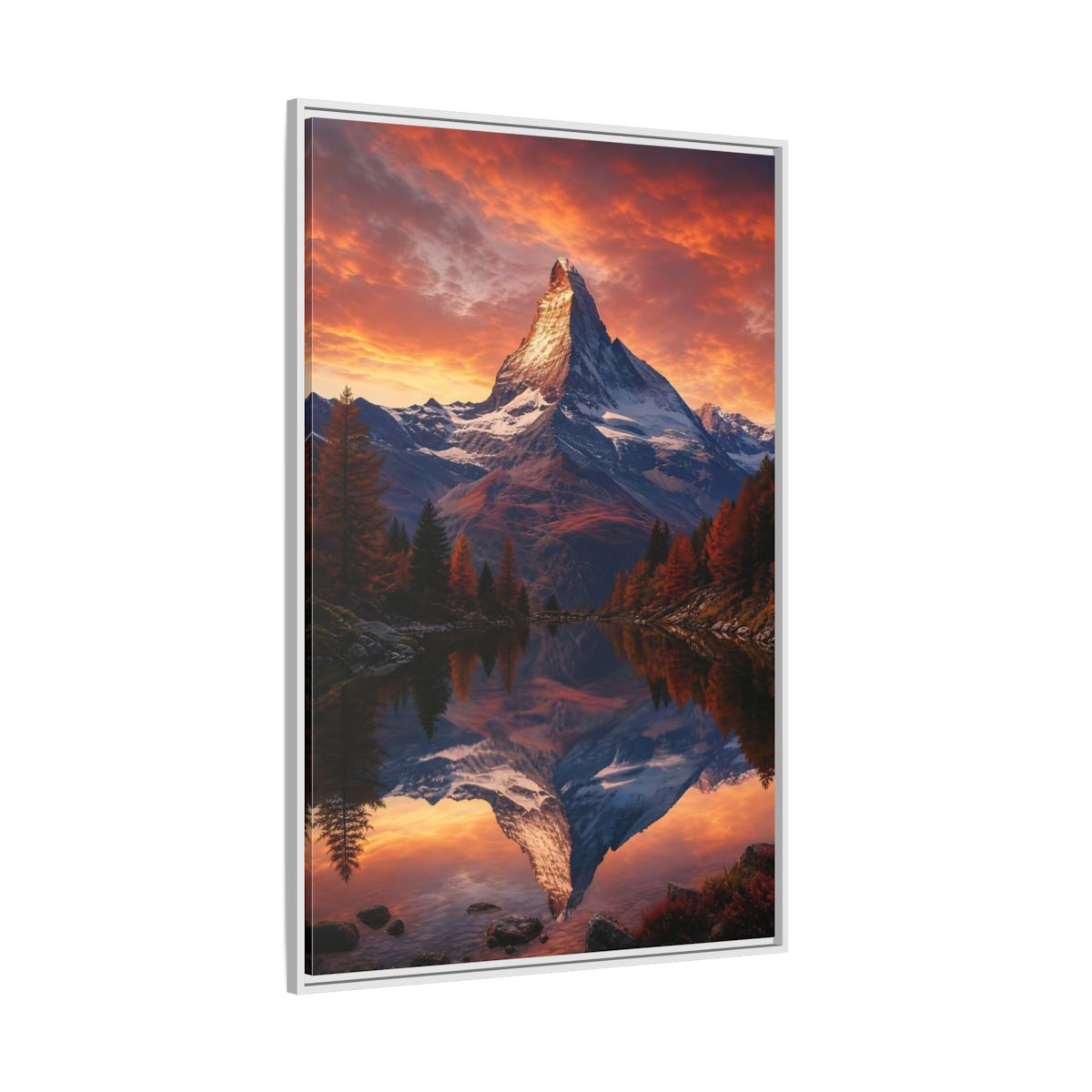 Nature Mountain Orange Lake Framed Canvas Wall Art - Realistic Living Room, Above Console Table shown as canvas wall art