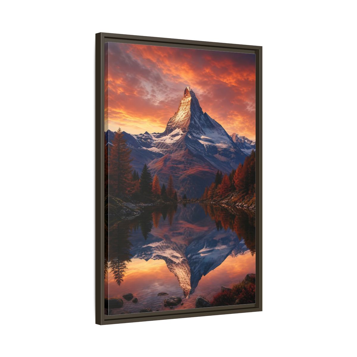 Nature Mountain Orange Lake Framed Canvas Wall Art - Realistic Living Room, Above Console Table shown as canvas wall art
