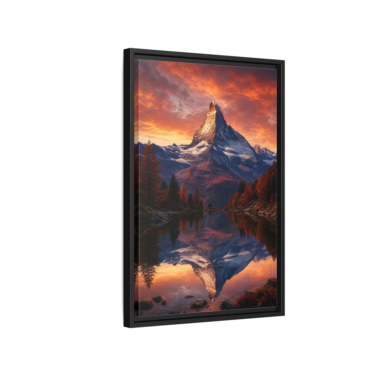 Nature Mountain Orange Lake Framed Canvas Wall Art - Realistic Living Room, Above Console Table shown as canvas wall art
