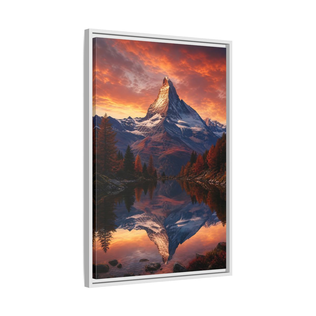 Nature Mountain Orange Lake Framed Canvas Wall Art - Realistic Living Room, Above Console Table shown as canvas wall art