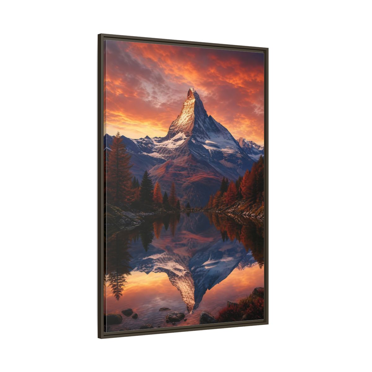 Nature Mountain Orange Lake Framed Canvas Wall Art - Realistic Living Room, Above Console Table shown as canvas wall art