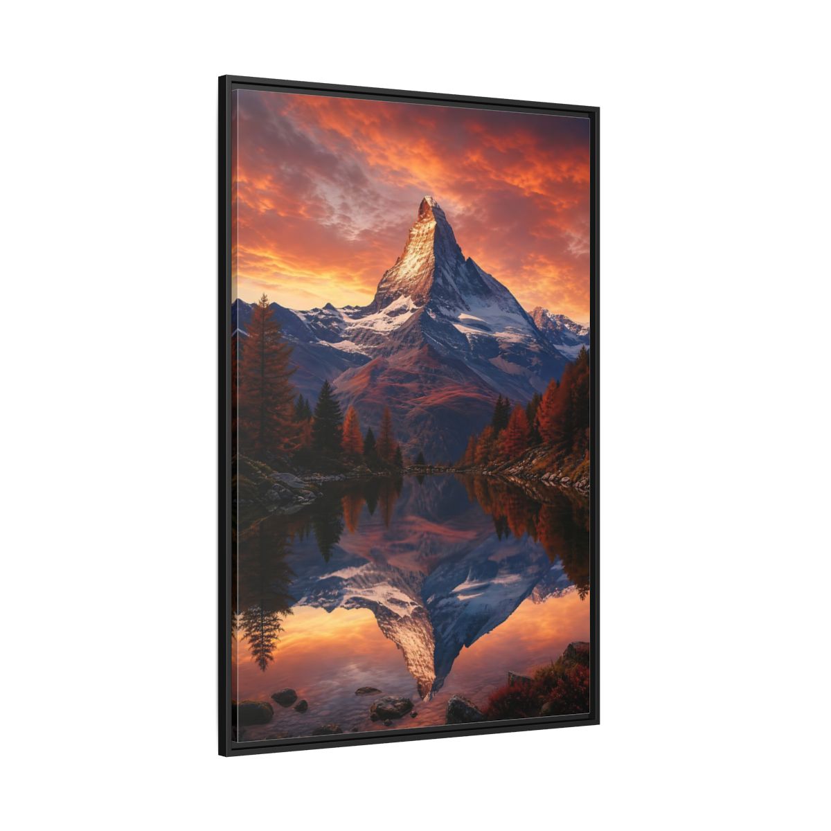 Nature Mountain Orange Lake Framed Canvas Wall Art - Realistic Living Room, Above Console Table shown as canvas wall art