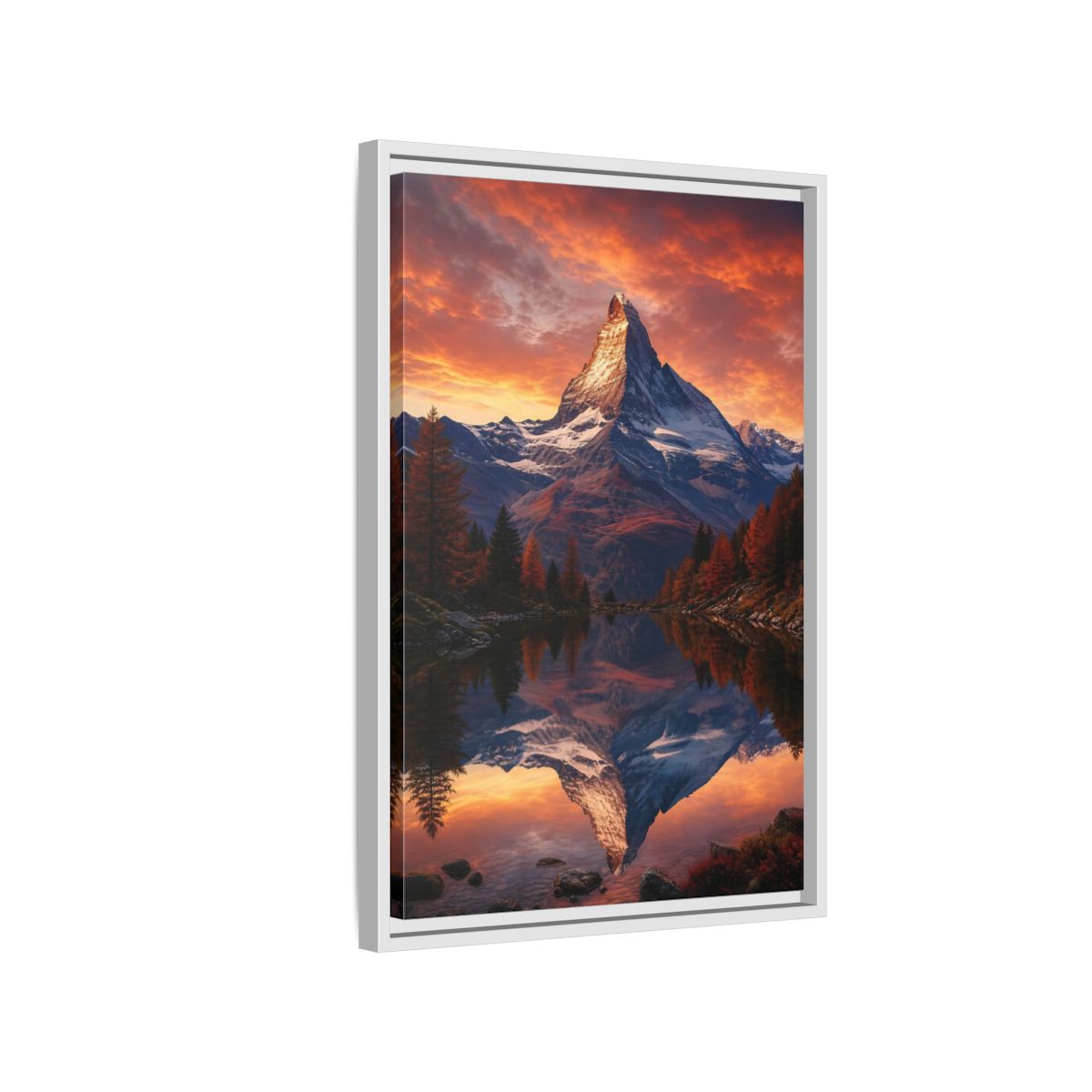 Nature Mountain Orange Lake Framed Canvas Wall Art - Realistic Living Room, Above Console Table shown as canvas wall art
