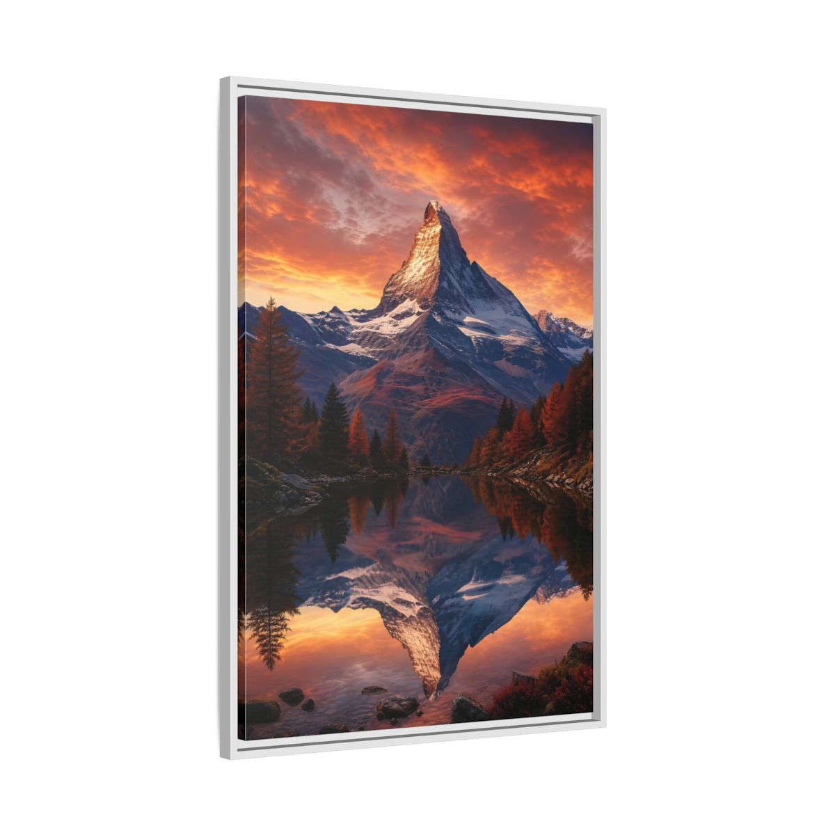 Nature Mountain Orange Lake Framed Canvas Wall Art - Realistic Living Room, Above Console Table shown as canvas wall art