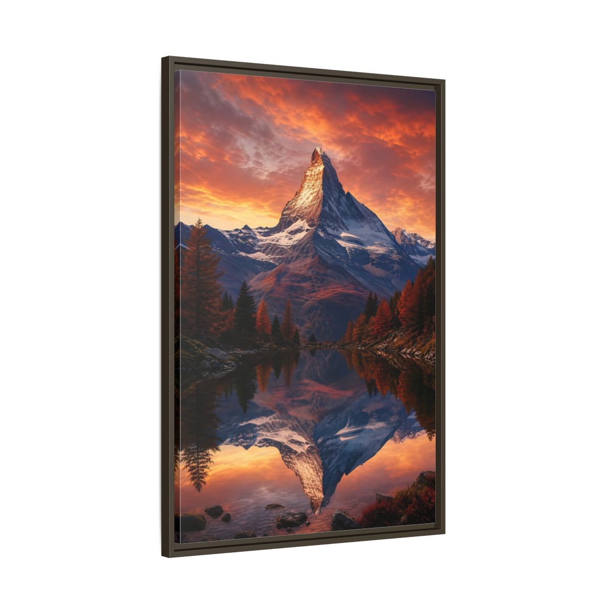 Nature Mountain Orange Lake Framed Canvas Wall Art - Realistic Living Room, Above Console Table shown as canvas wall art