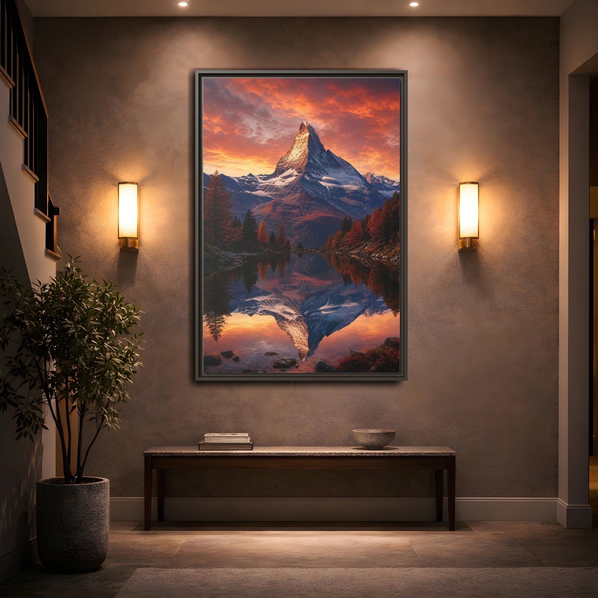 Nature Mountain Orange Lake Framed Canvas Wall Art - Realistic Living Room, Above Console Table shown as canvas wall art