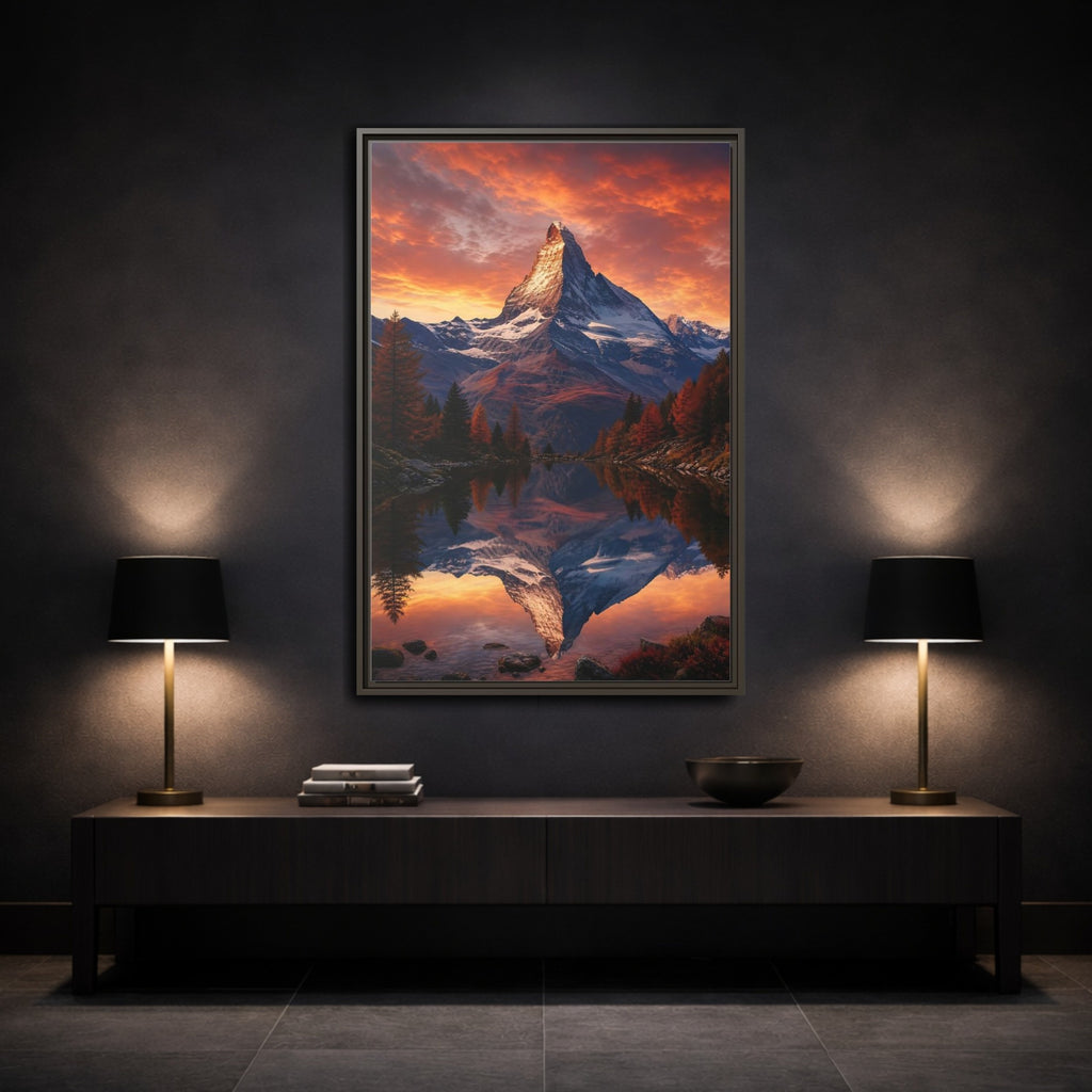 Mockup 3. Nature Mountain Orange Mountain Lake shown as stretched canvas wall art