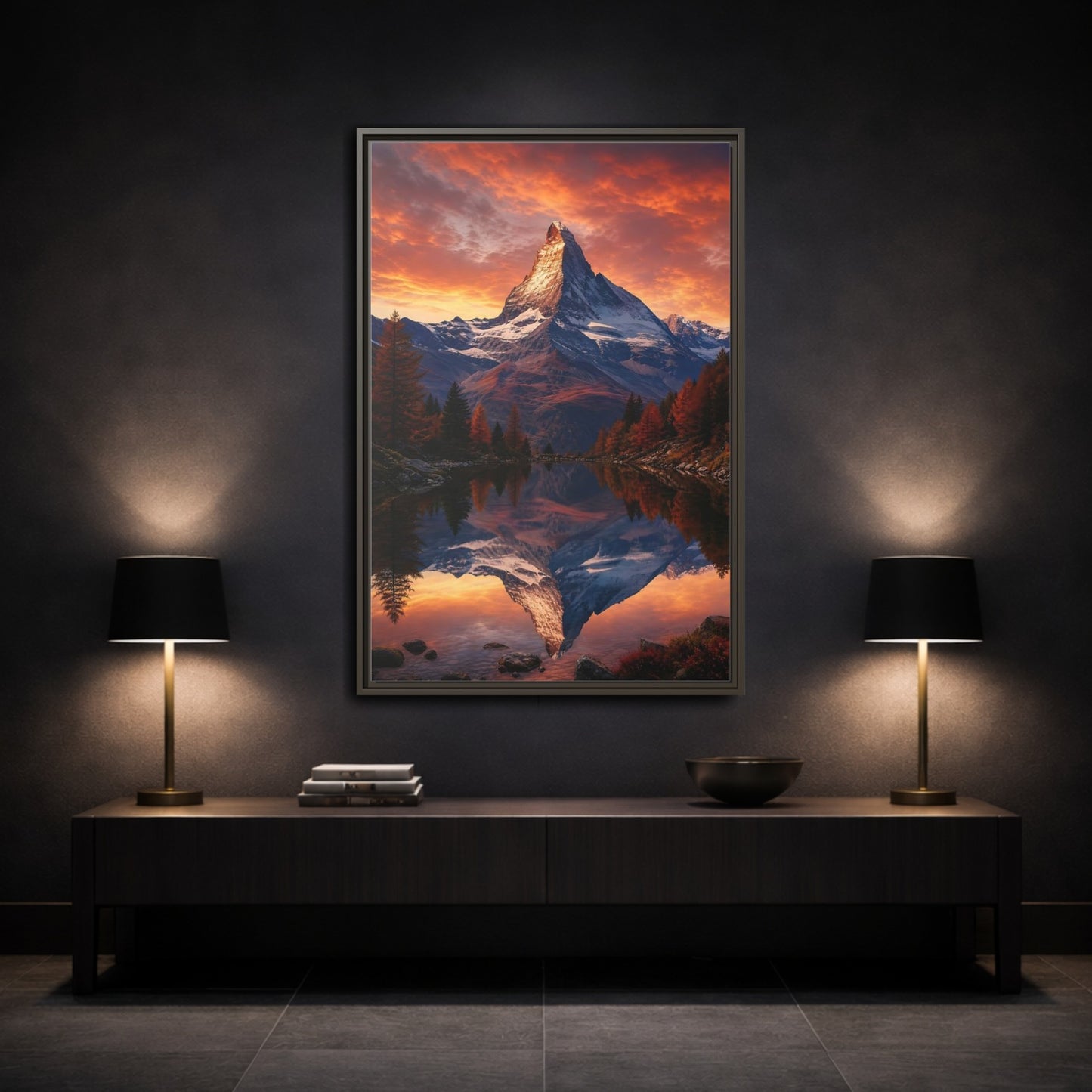 Nature Mountain Orange Lake Framed Canvas Wall Art - Realistic Living Room, Above Console Table shown as canvas wall art