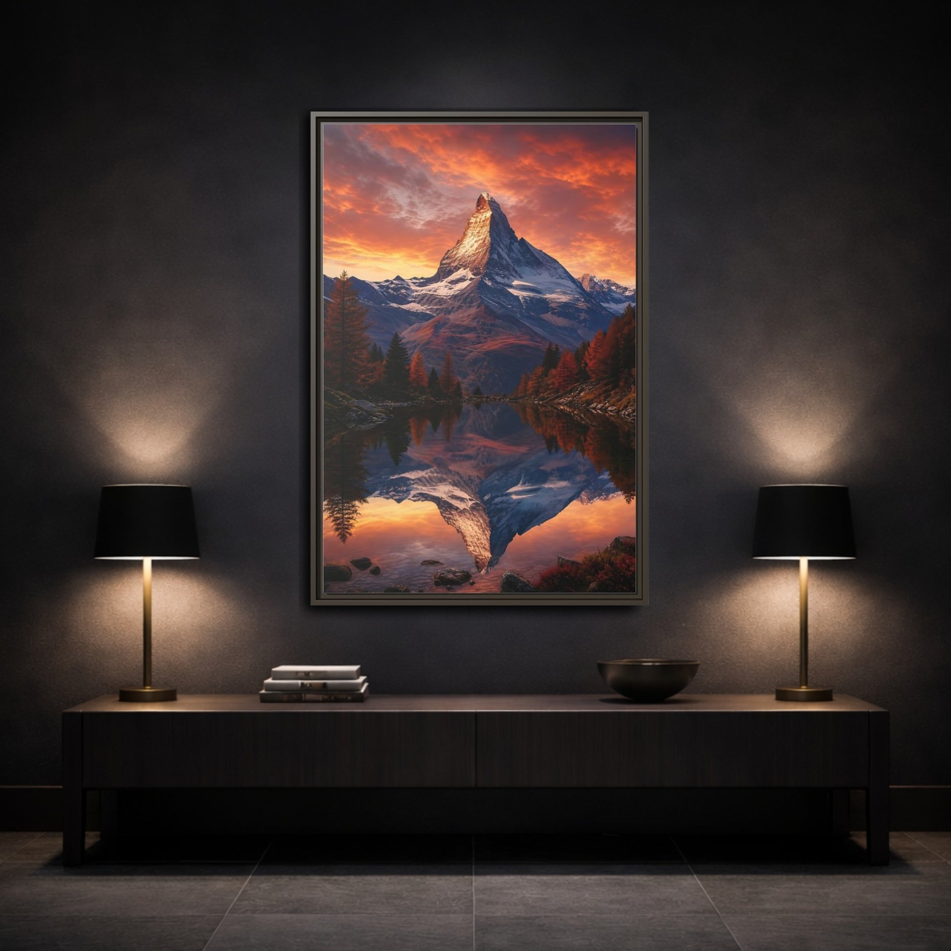 Nature Mountain Orange Lake Framed Canvas Wall Art - Realistic Living Room, Above Console Table shown as canvas wall art