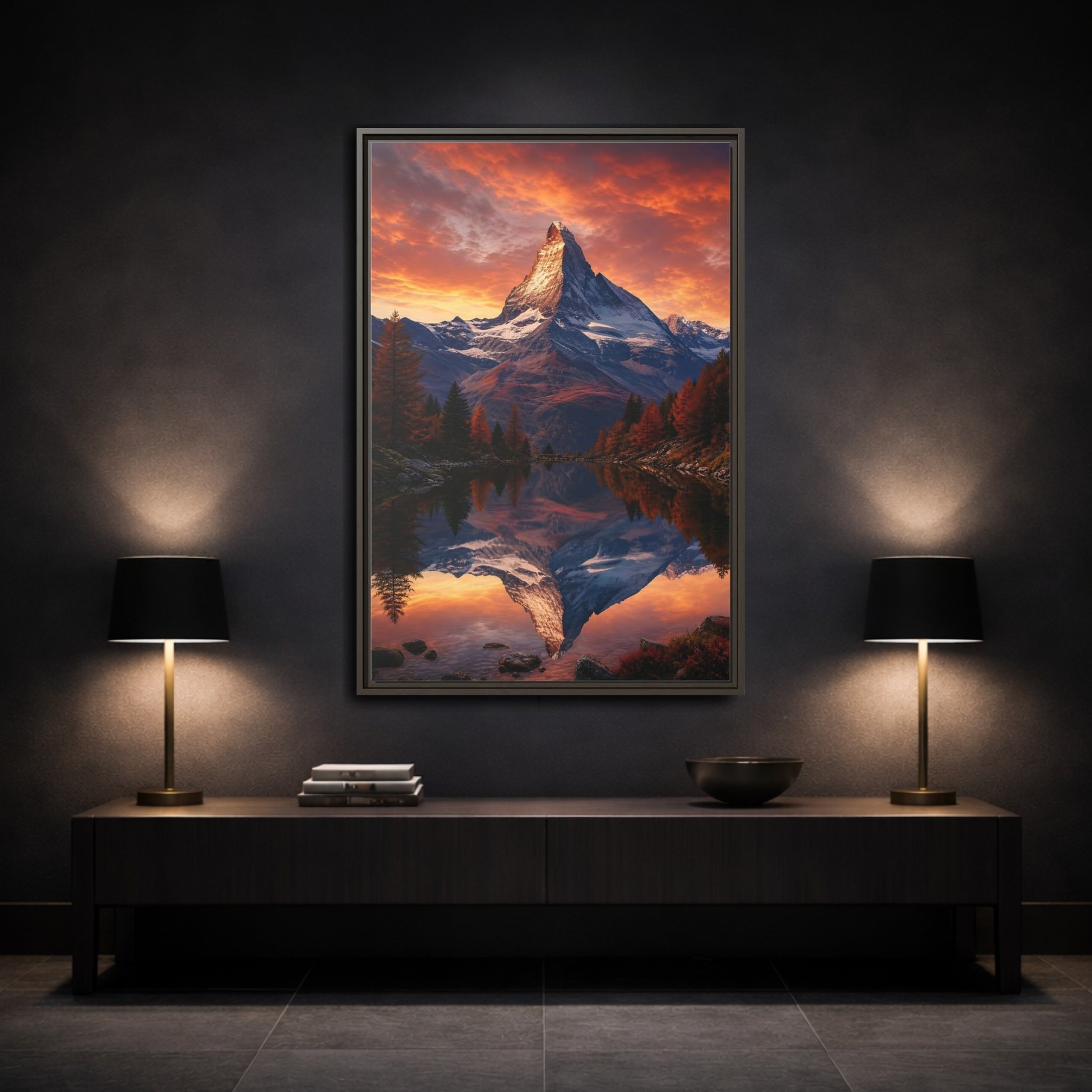 Mockup 3. Nature Mountain Orange Mountain Lake shown as stretched canvas wall art