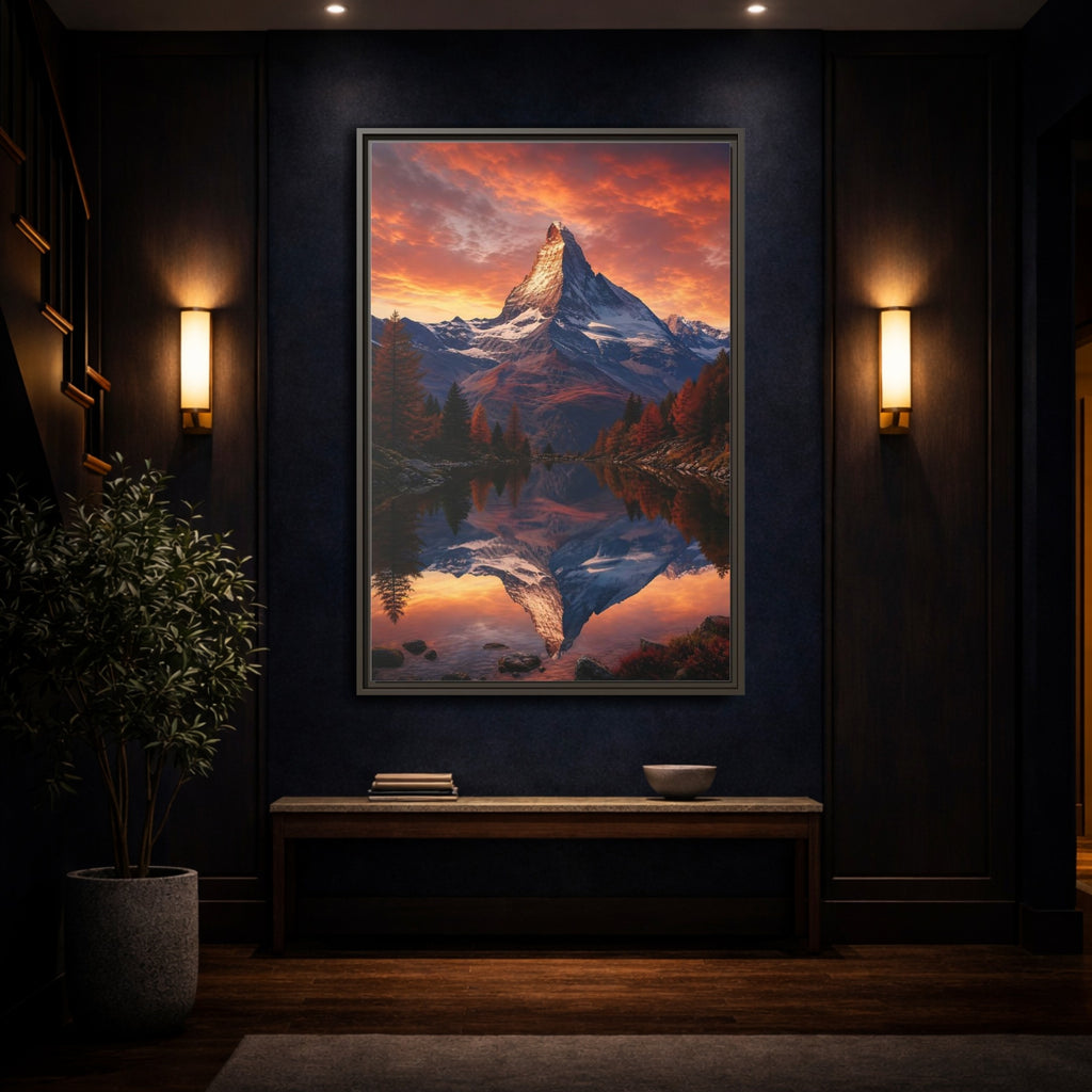 Mockup 4. Nature Mountain Orange Mountain Lake shown as stretched canvas wall art
