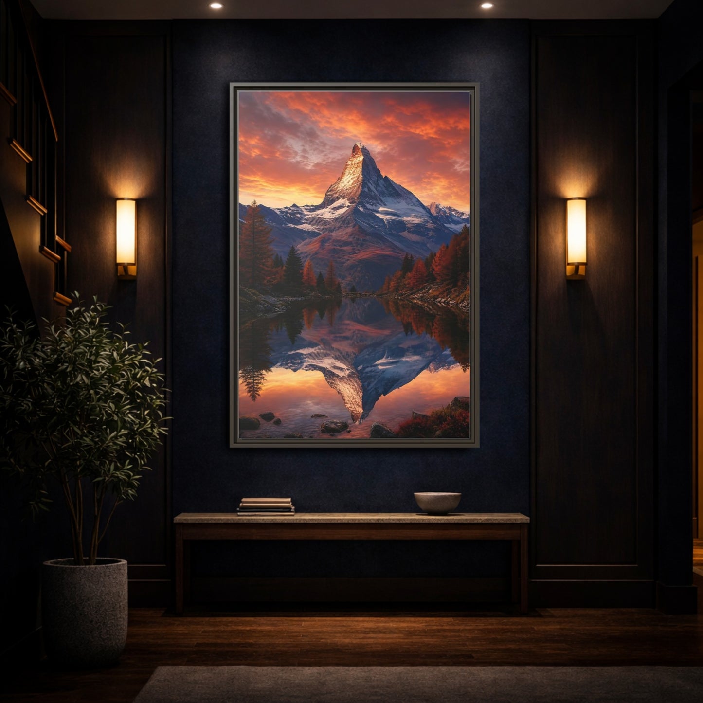 Nature Mountain Orange Lake Framed Canvas Wall Art - Realistic Living Room, Above Console Table shown as canvas wall art