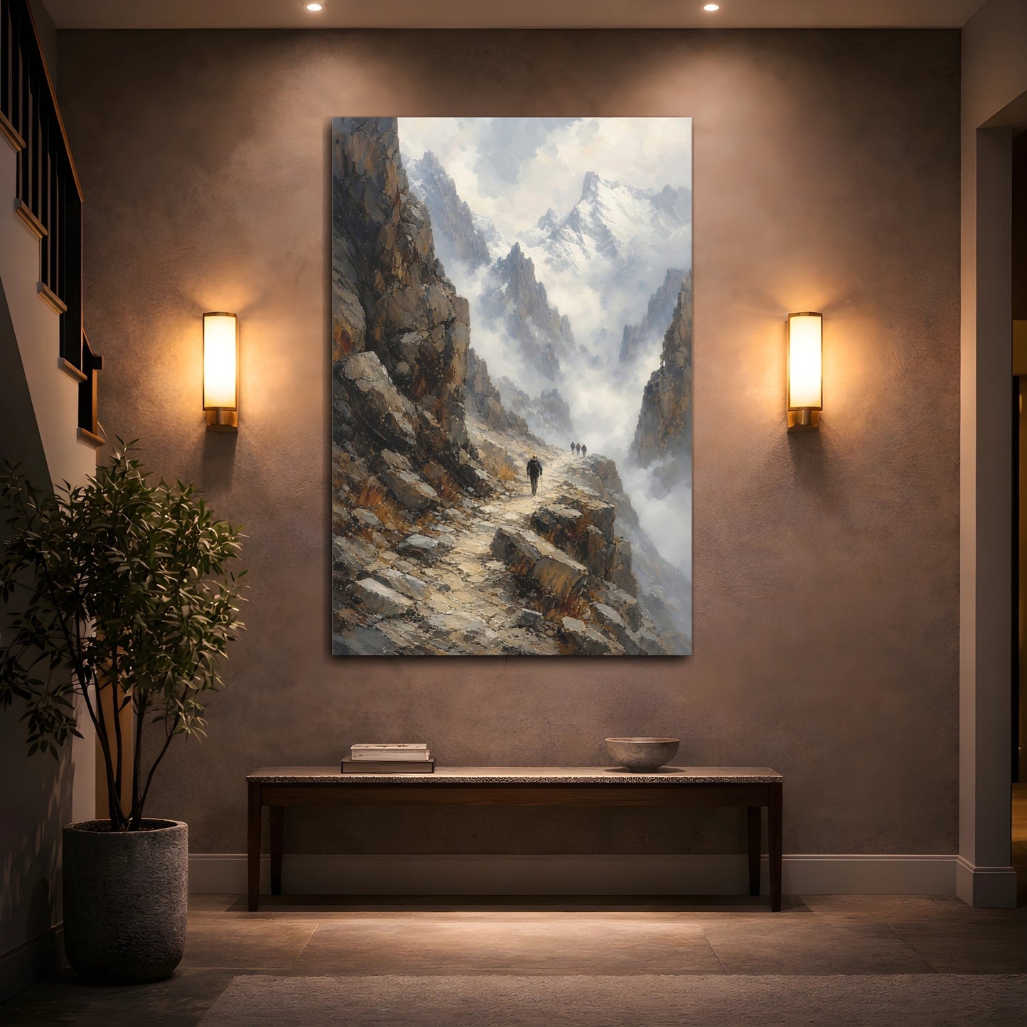Mockup 2. Nature Mountain Path Brown Gray Mountain shown as stretched canvas wall art