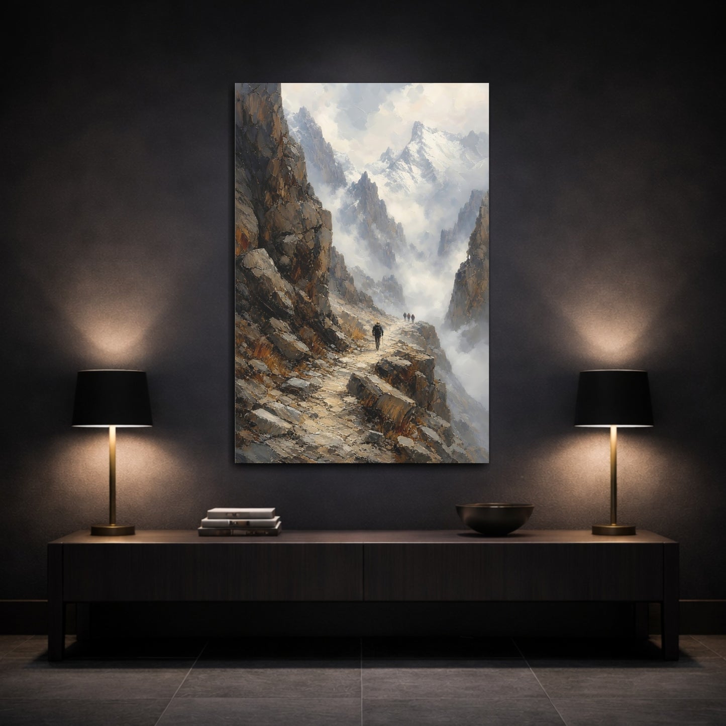 Mockup 3. Nature Mountain Path Brown Gray Mountain shown as stretched canvas wall art