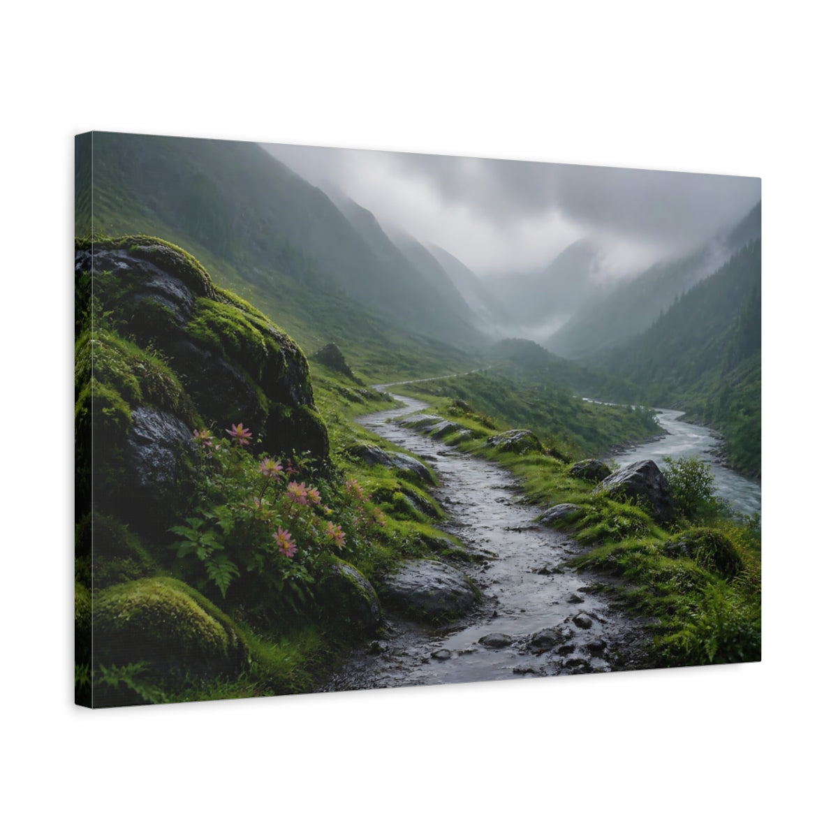 Side Mockup 3. Nature Mountain Path Green Mountain Landscape shown as stretched canvas wall art