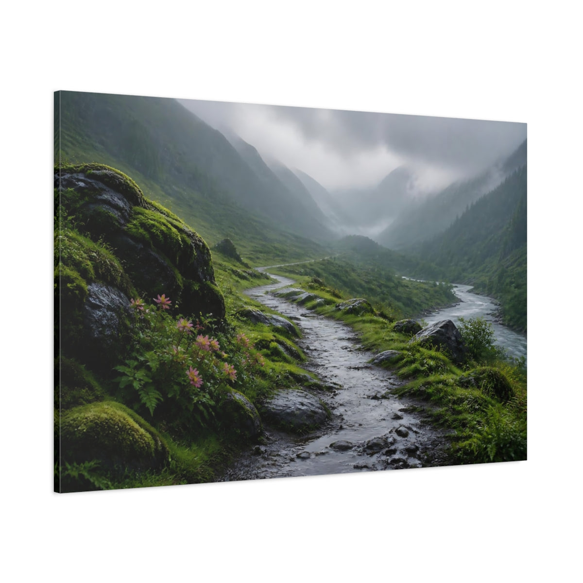 Side Mockup 1. Nature Mountain Path Green Mountain Landscape shown as stretched canvas wall art