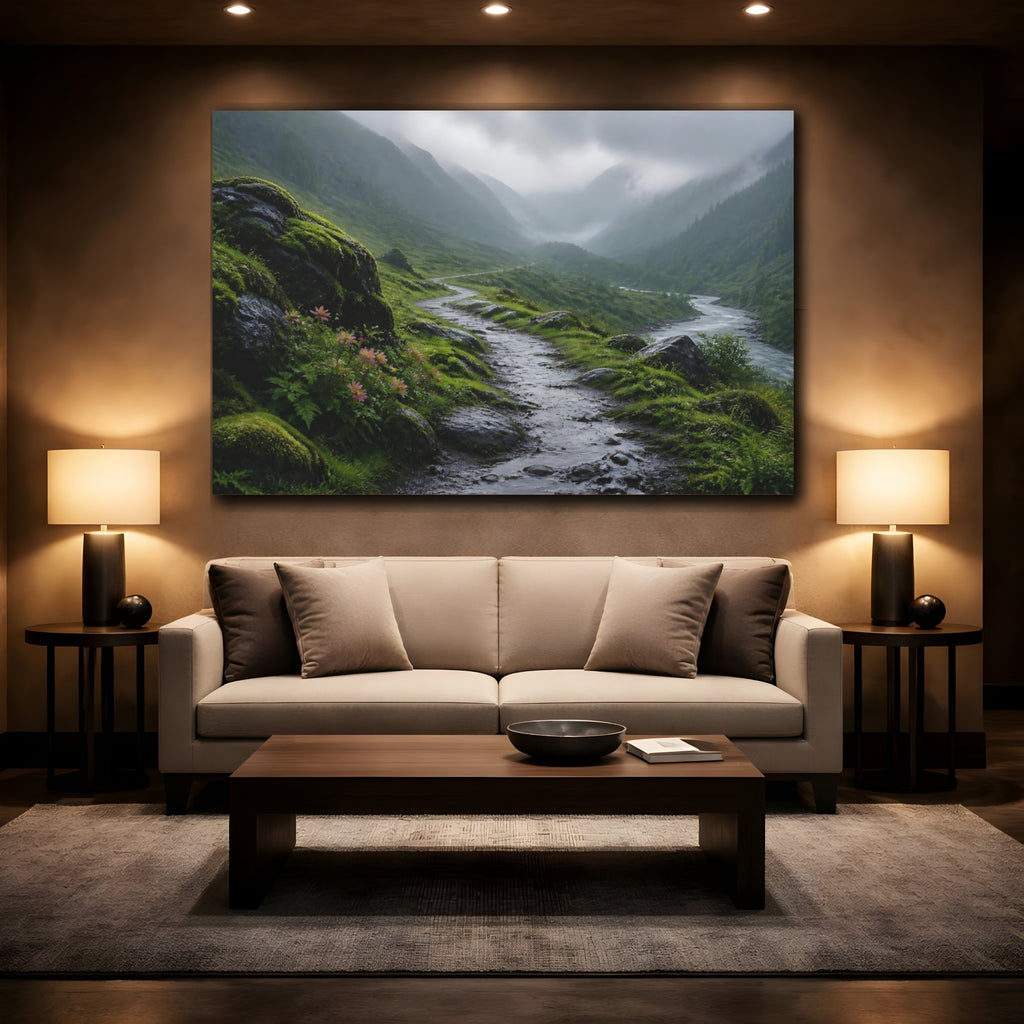 Mockup 2. Nature Mountain Path Green Mountain Landscape shown as stretched canvas wall art