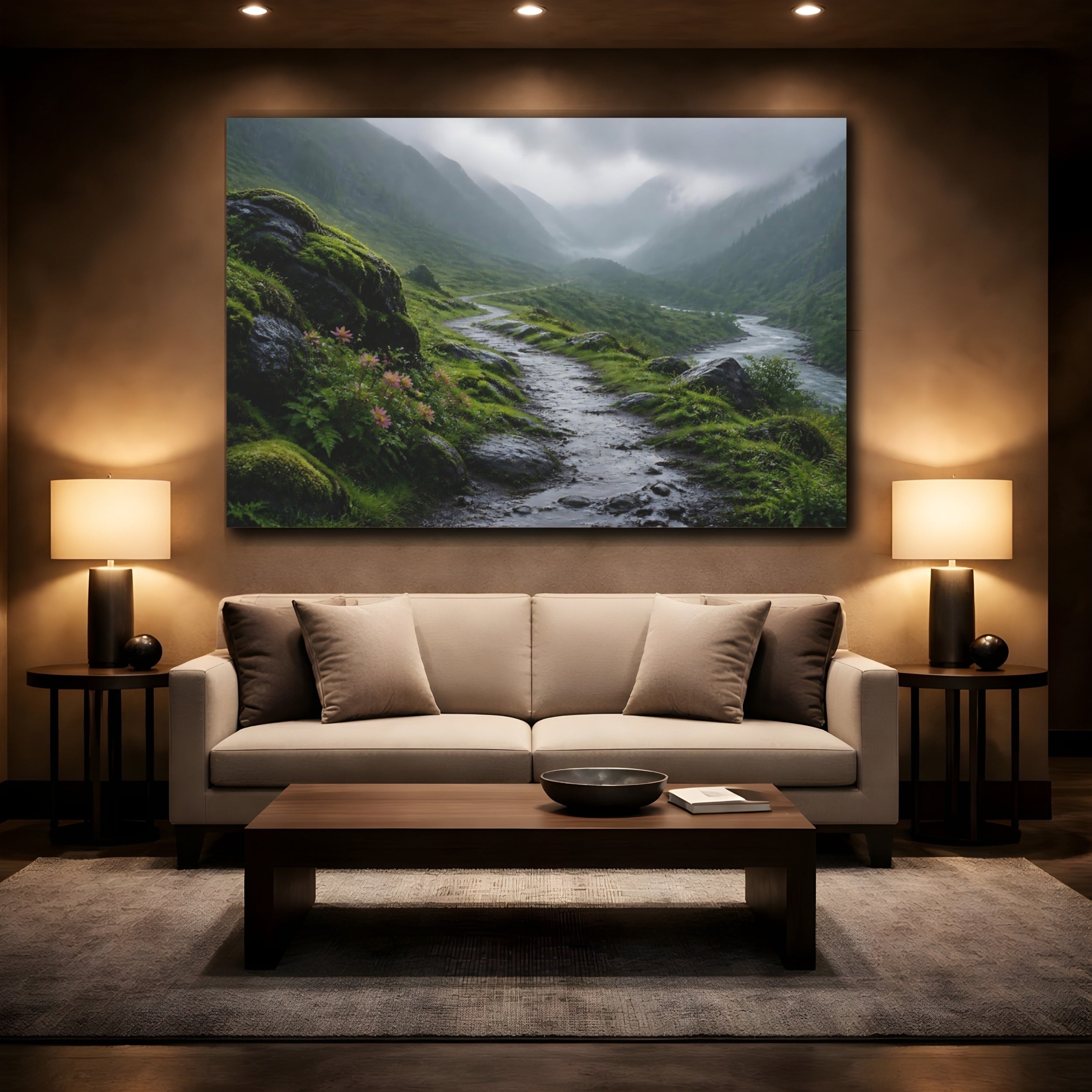 Mockup 2. Nature Mountain Path Green Mountain Landscape shown as stretched canvas wall art