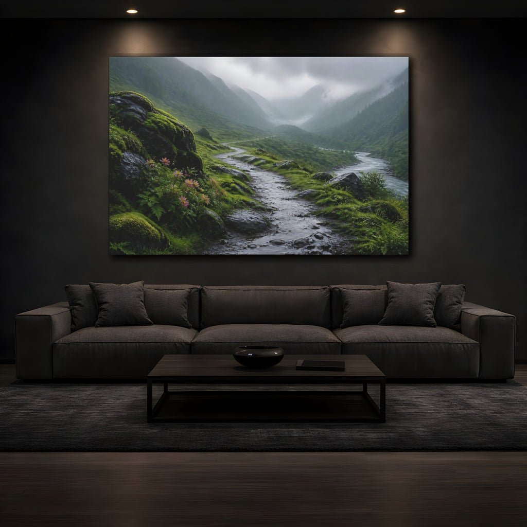 Mockup 3. Nature Mountain Path Green Mountain Landscape shown as stretched canvas wall art