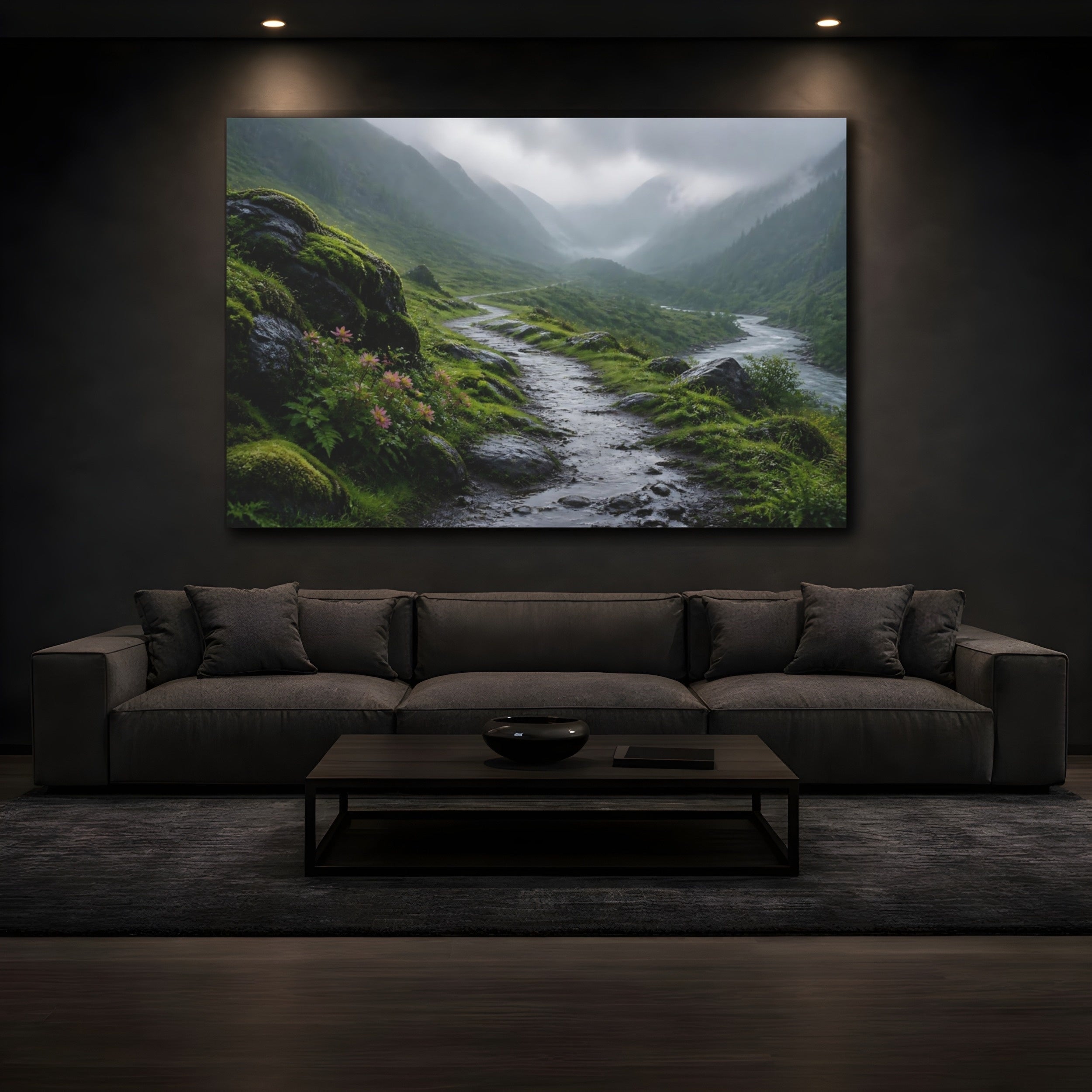 Mockup 3. Nature Mountain Path Green Mountain Landscape shown as stretched canvas wall art