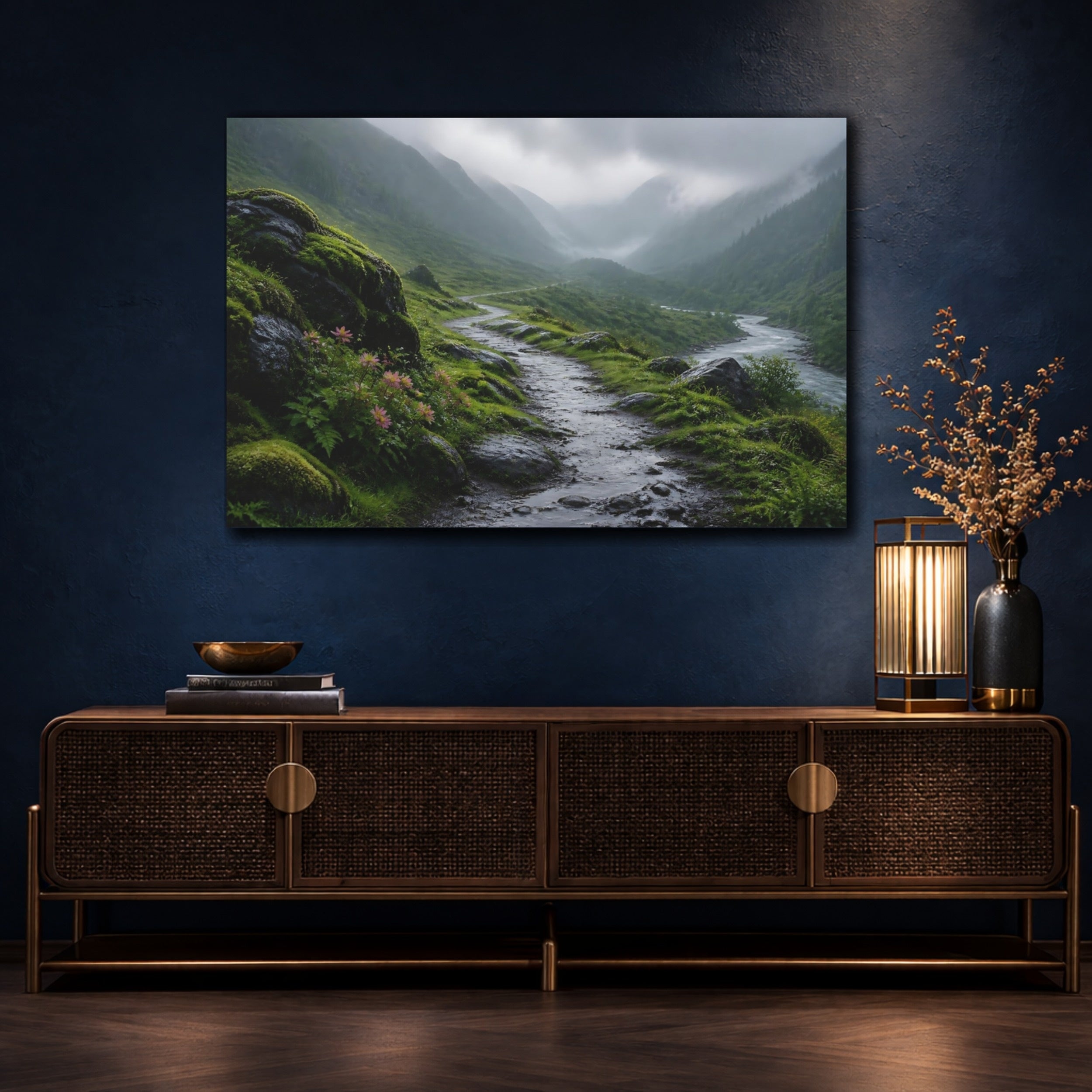 Mockup 4. Nature Mountain Path Green Mountain Landscape shown as stretched canvas wall art
