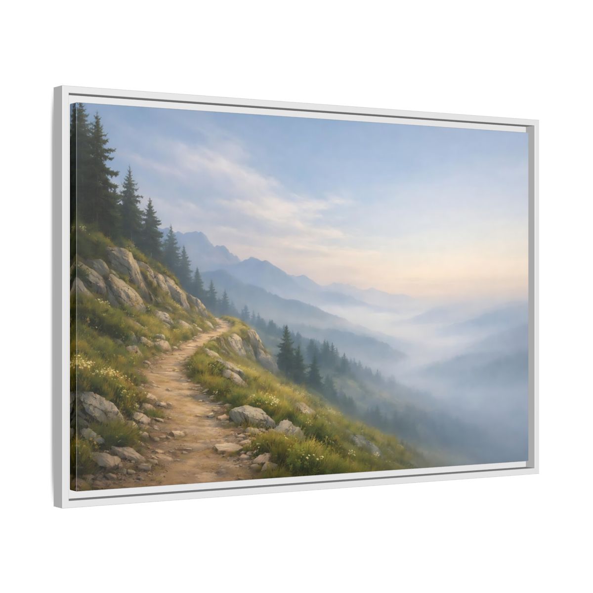 Side Mockup 9. Nature Mountain Path Misty Mountain shown as stretched canvas wall art