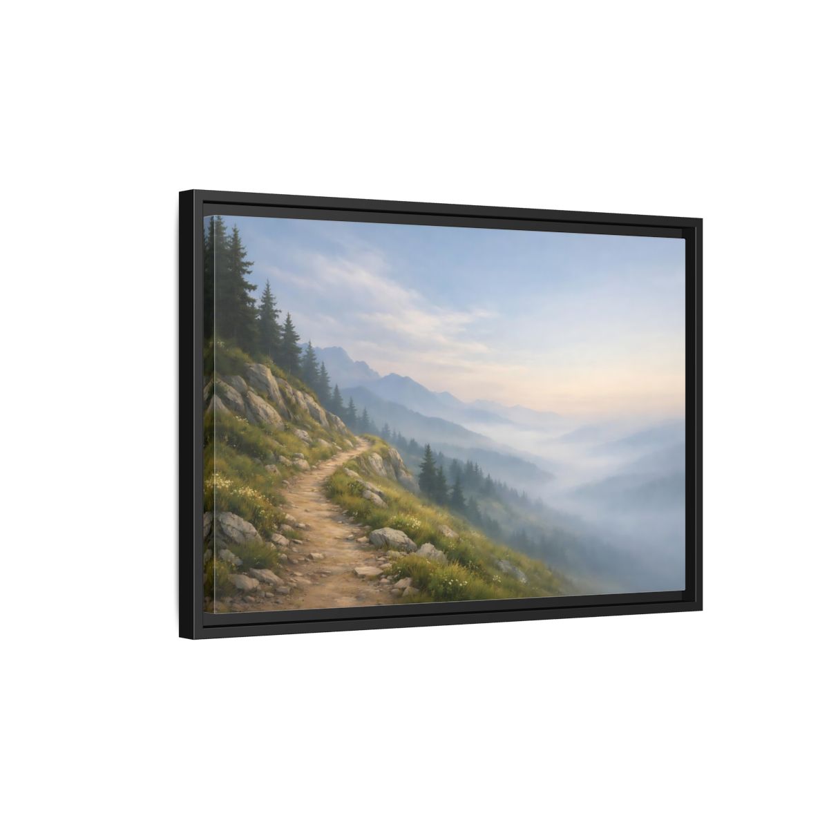 Side Mockup 3. Nature Mountain Path Misty Mountain shown as stretched canvas wall art