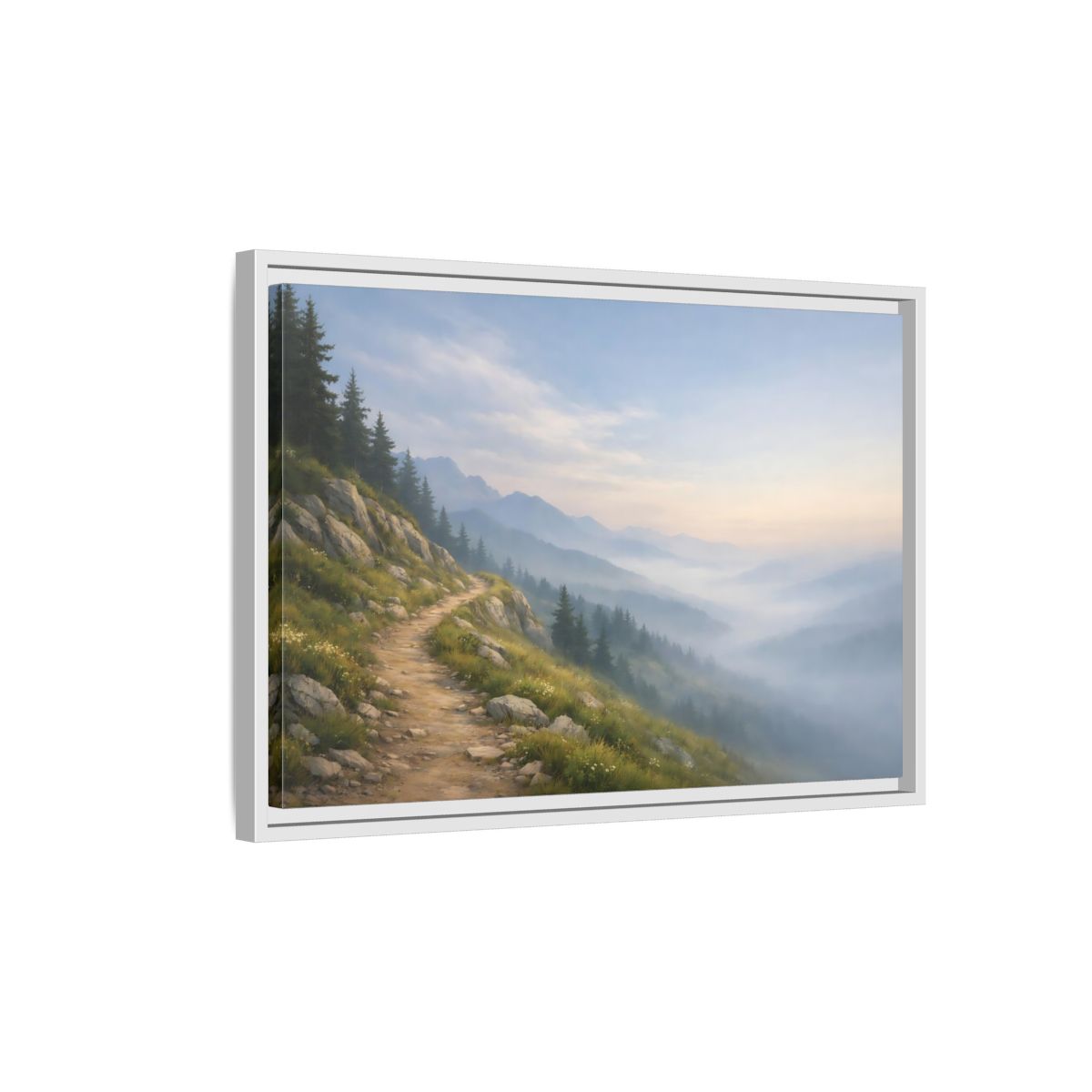 Side Mockup 1. Nature Mountain Path Misty Mountain shown as stretched canvas wall art
