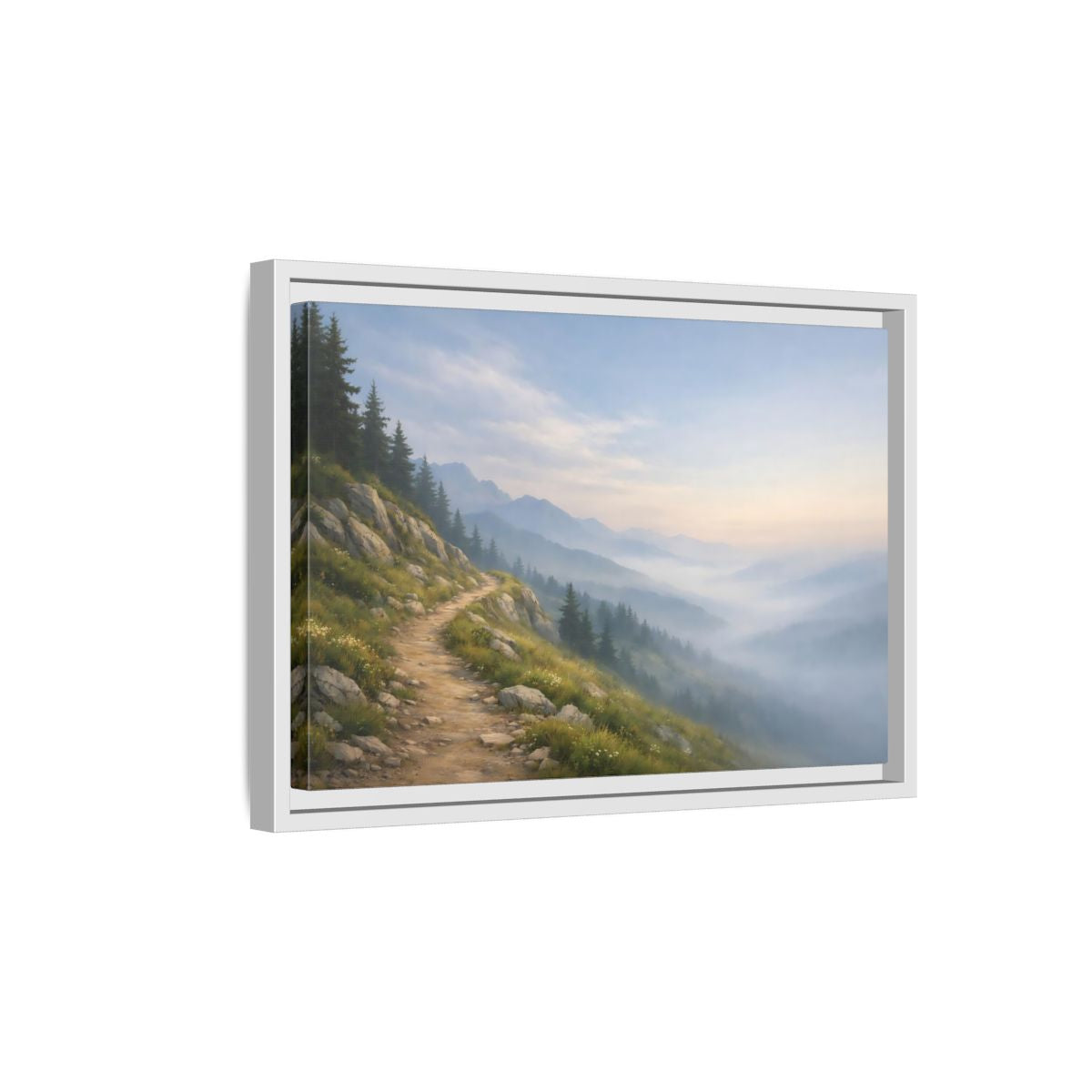 Side Mockup 4. Nature Mountain Path Misty Mountain shown as stretched canvas wall art