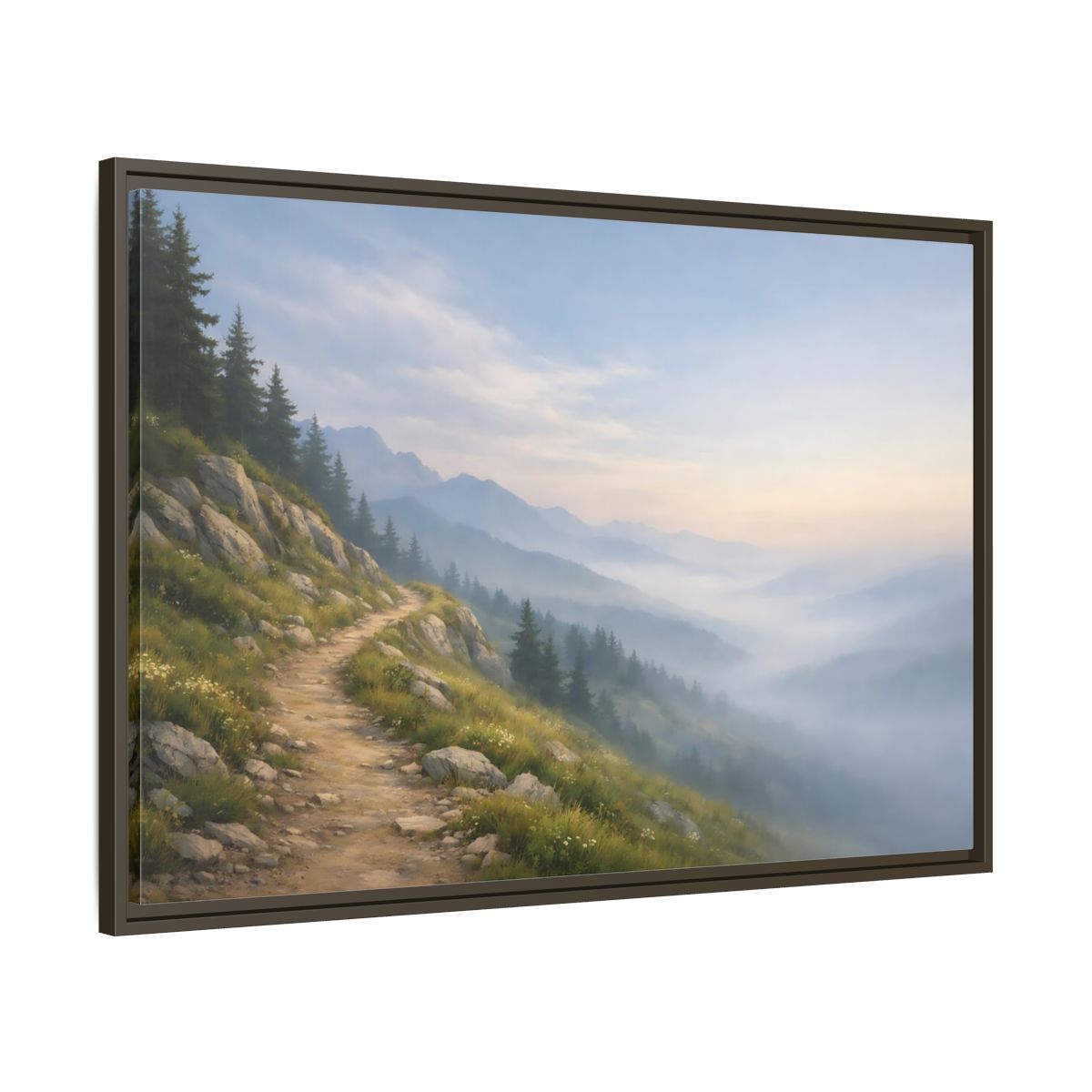 Main Mockup. Nature Mountain Path Misty Mountain shown as stretched canvas wall art