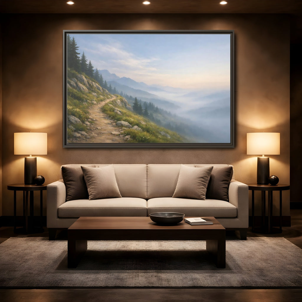 Mockup 2. Nature Mountain Path Misty Mountain shown as stretched canvas wall art