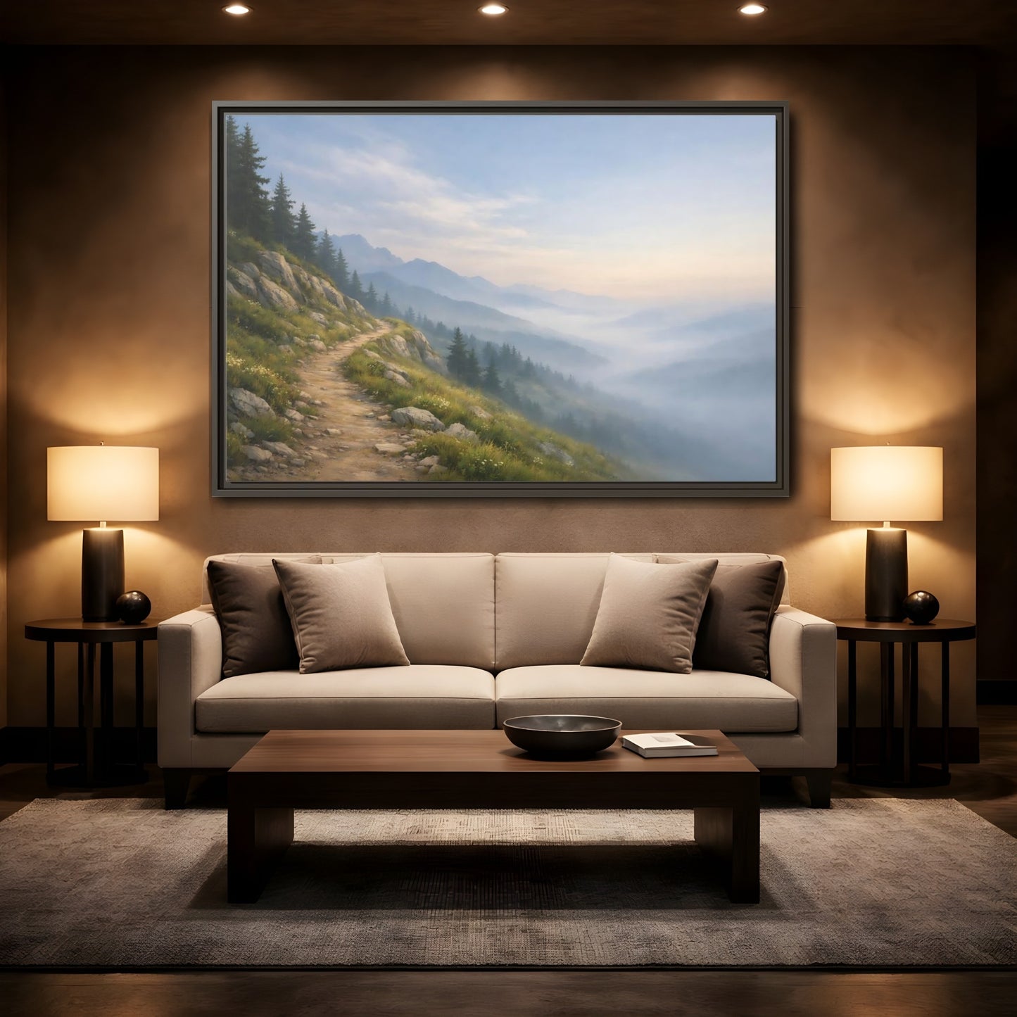 Mockup 2. Nature Mountain Path Misty Mountain shown as stretched canvas wall art