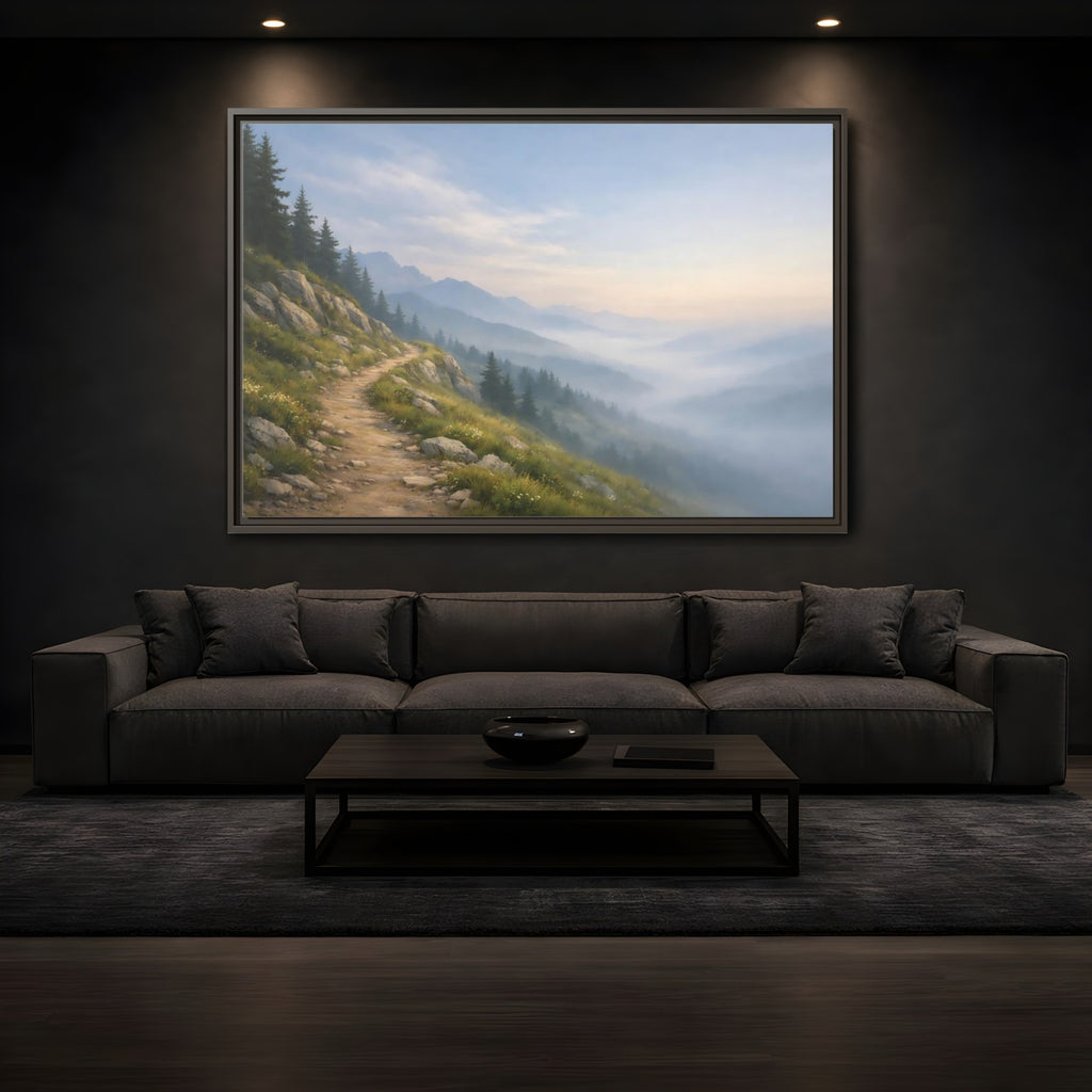 Mockup 3. Nature Mountain Path Misty Mountain shown as stretched canvas wall art