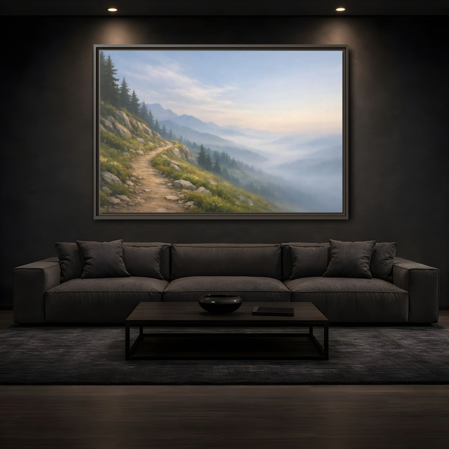 Mockup 3. Nature Mountain Path Misty Mountain shown as stretched canvas wall art