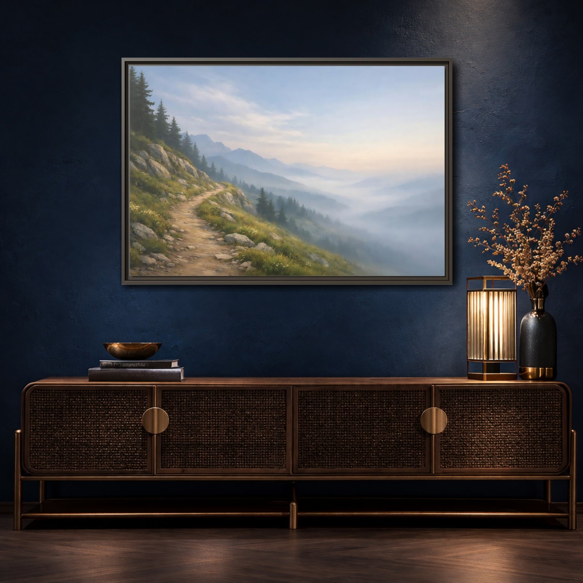 Mockup 4. Nature Mountain Path Misty Mountain shown as stretched canvas wall art