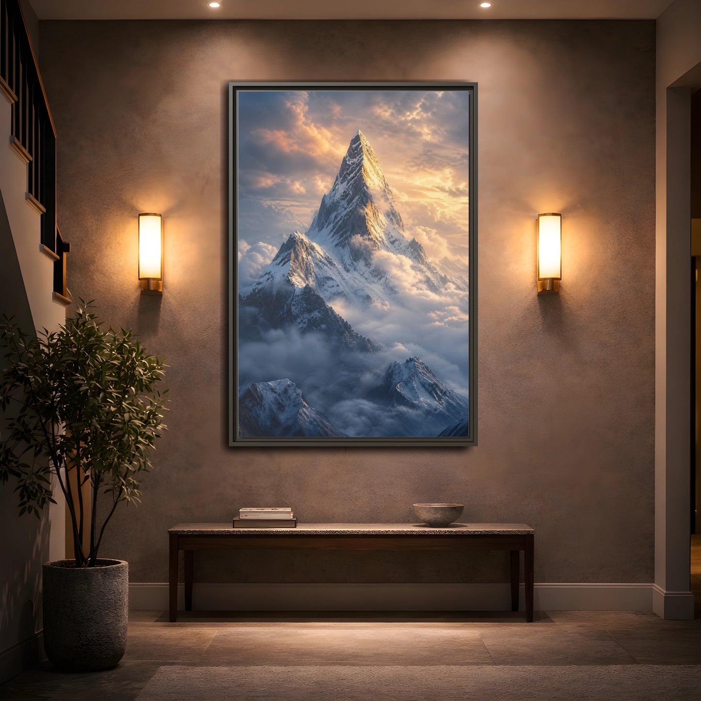 Mockup 2. Nature Mountain Peak Golden Mountainscape shown as stretched canvas wall art
