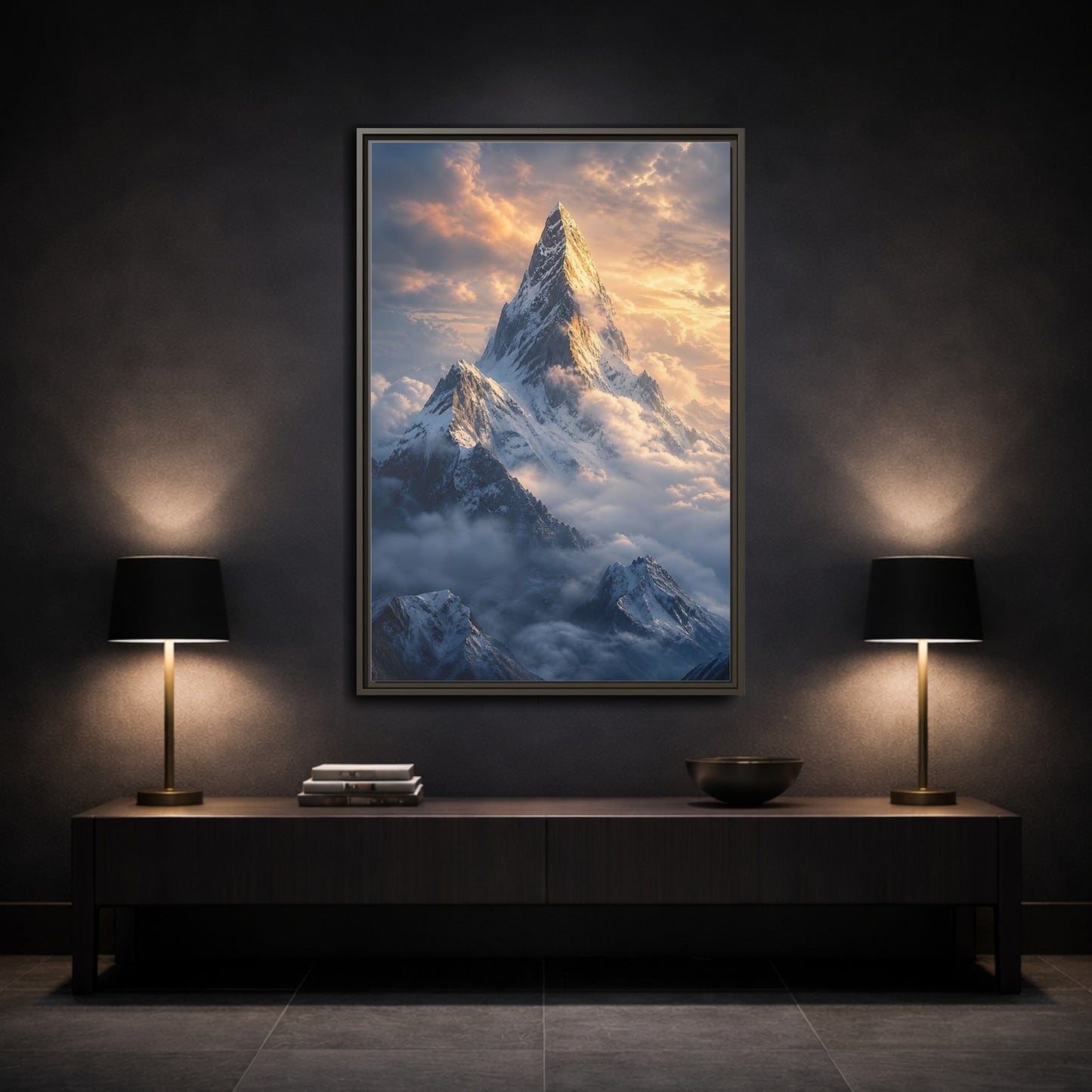 Mockup 3. Nature Mountain Peak Golden Mountainscape shown as stretched canvas wall art