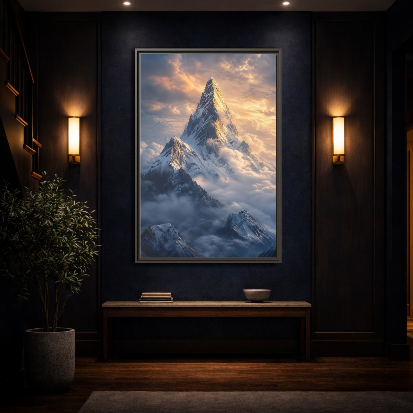 Mockup 4. Nature Mountain Peak Golden Mountainscape shown as stretched canvas wall art