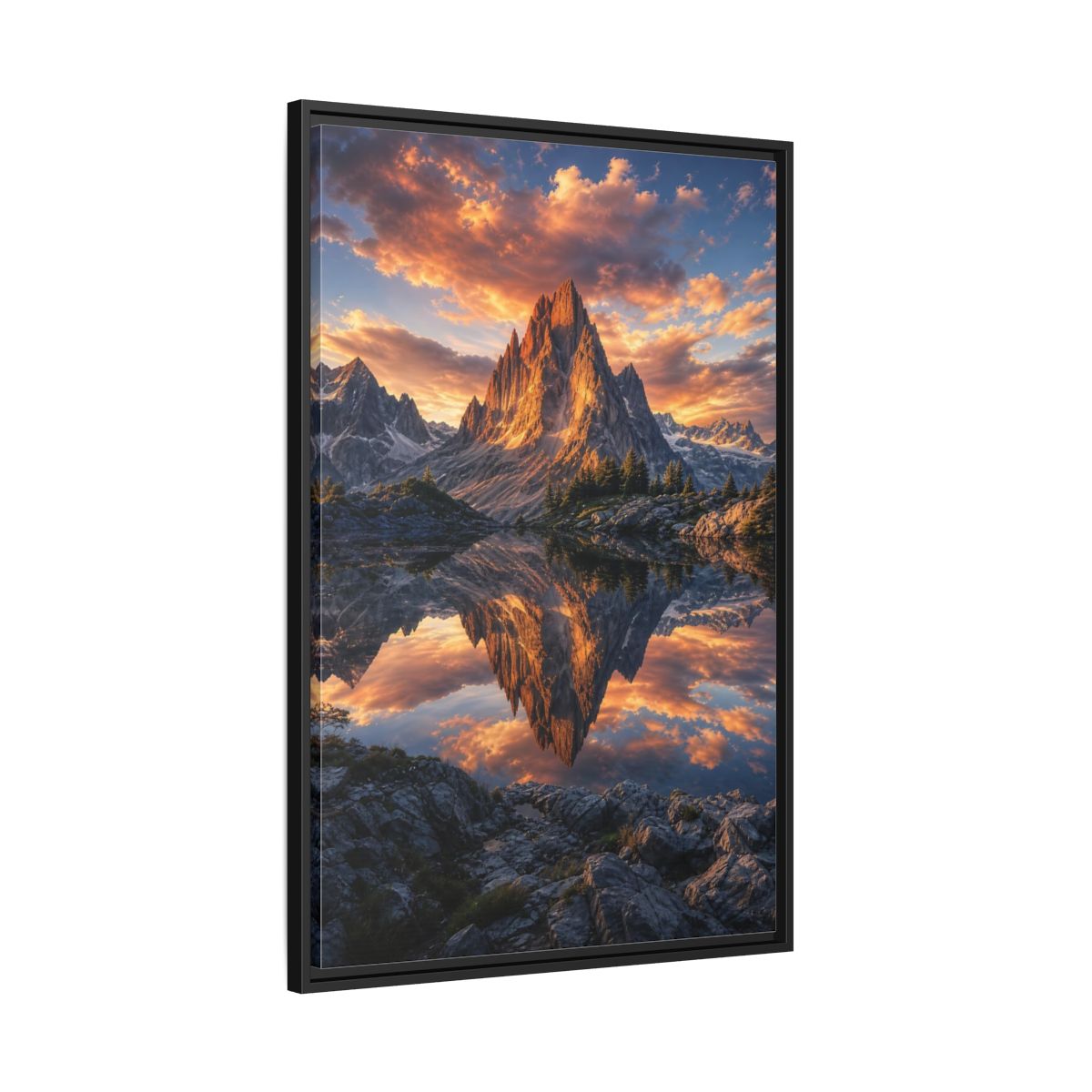 Nature Mountain Peak Orange and Grey Framed Canvas Wall Art - Living Room shown as canvas wall art