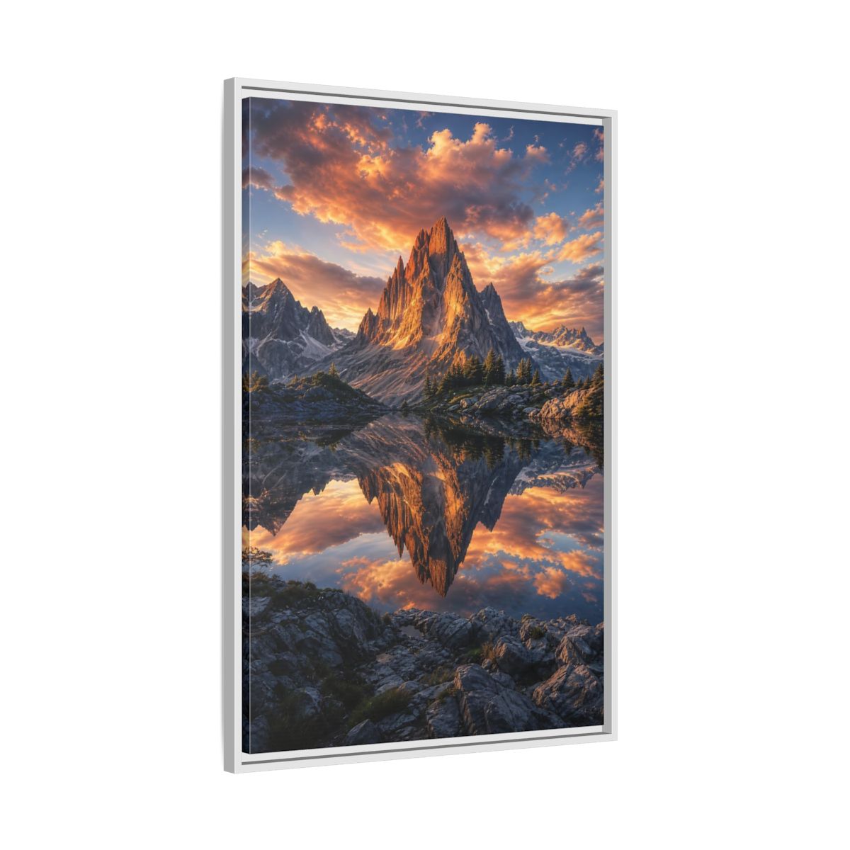 Nature Mountain Peak Orange and Grey Framed Canvas Wall Art - Living Room shown as canvas wall art