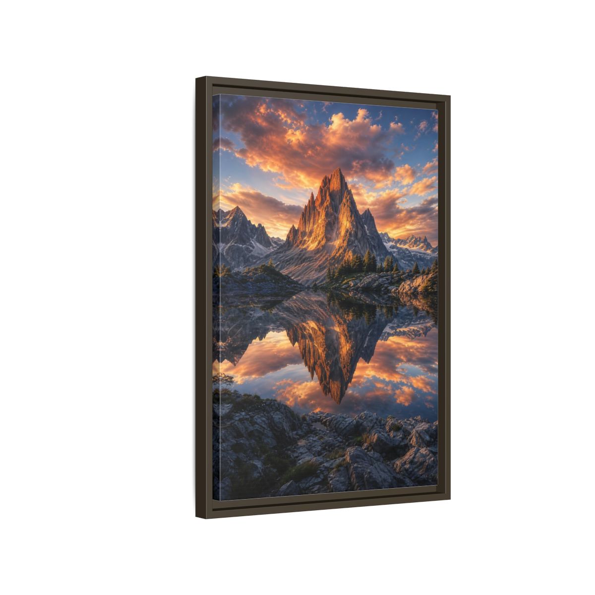 Nature Mountain Peak Orange and Grey Framed Canvas Wall Art - Living Room shown as canvas wall art