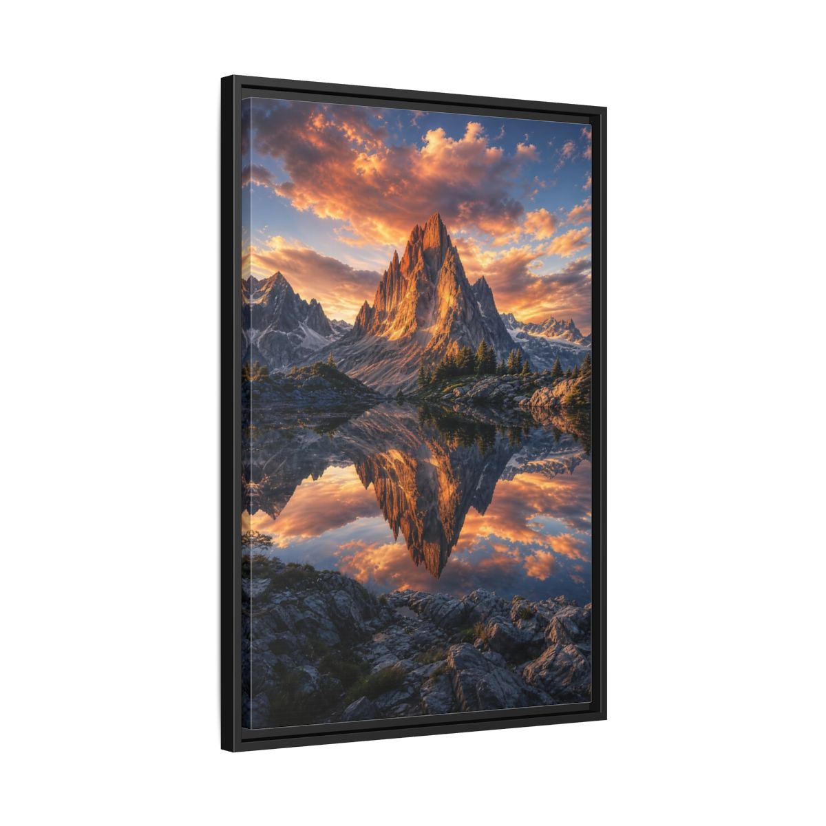 Nature Mountain Peak Orange and Grey Framed Canvas Wall Art - Living Room shown as canvas wall art