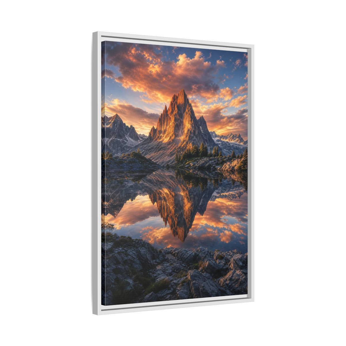 Nature Mountain Peak Orange and Grey Framed Canvas Wall Art - Living Room shown as canvas wall art
