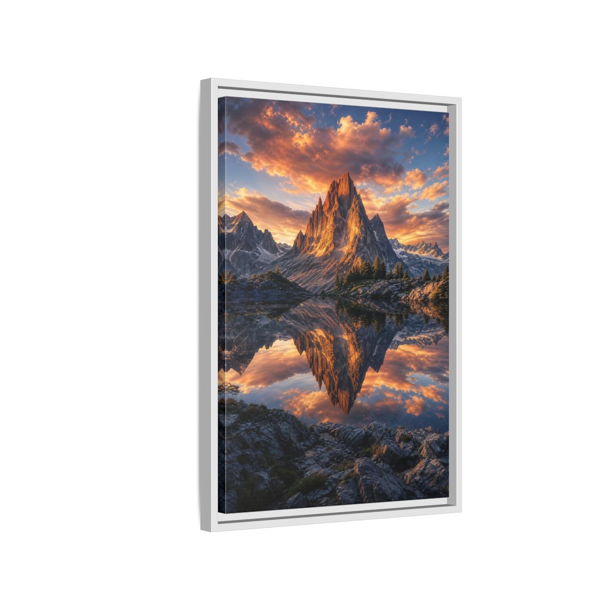 Nature Mountain Peak Orange and Grey Framed Canvas Wall Art - Living Room shown as canvas wall art