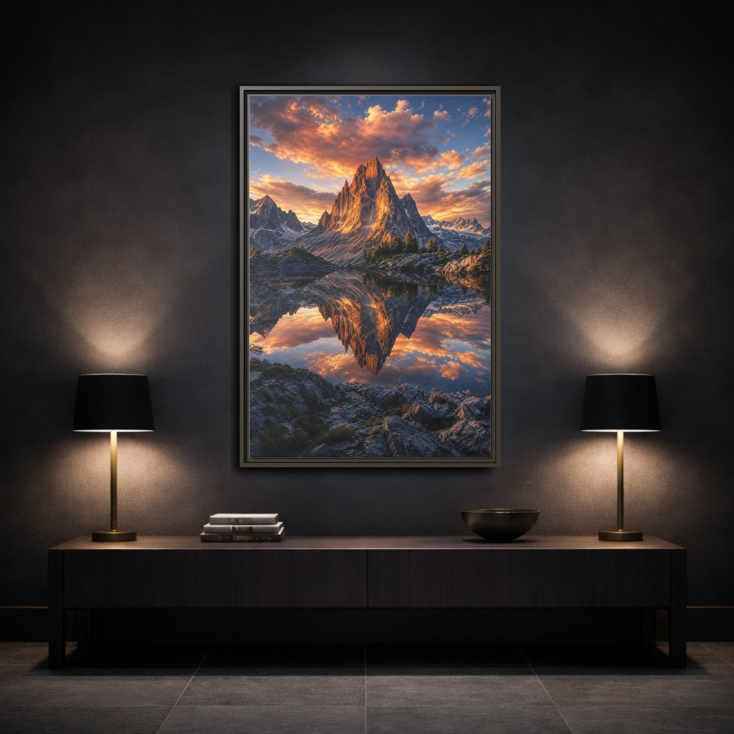 Nature Mountain Peak Orange and Grey Framed Canvas Wall Art - Living Room shown as canvas wall art