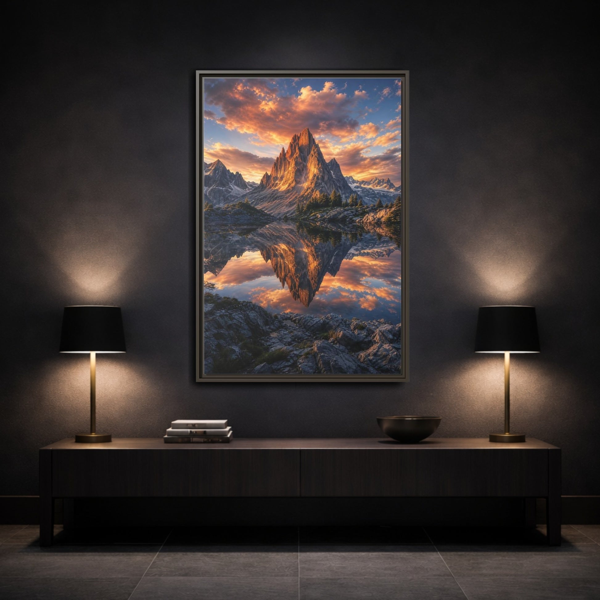 Nature Mountain Peak Orange and Grey Framed Canvas Wall Art - Living Room shown as canvas wall art