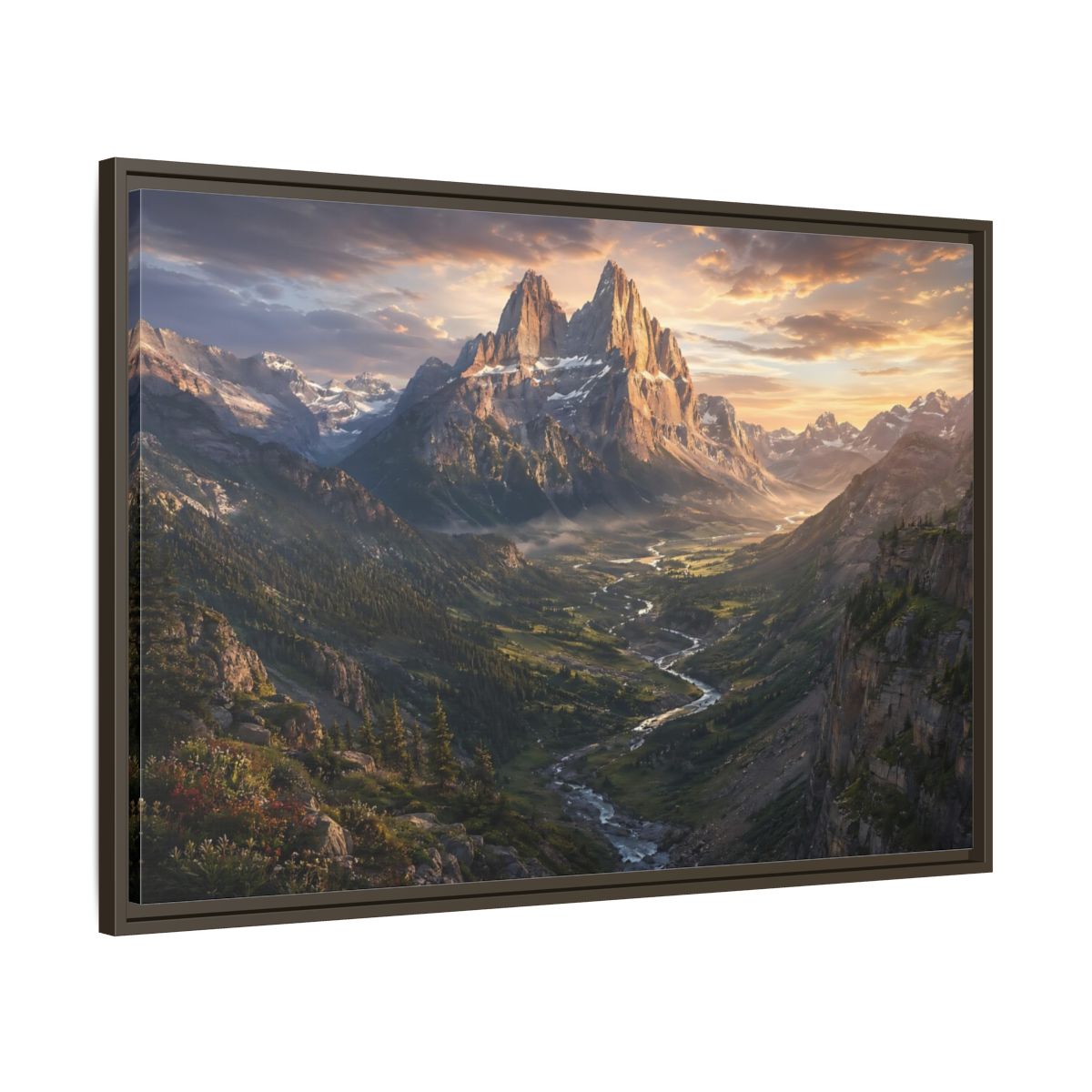 Main Mockup. Nature Mountain Peaks Golden Mountain Valley shown as stretched canvas wall art