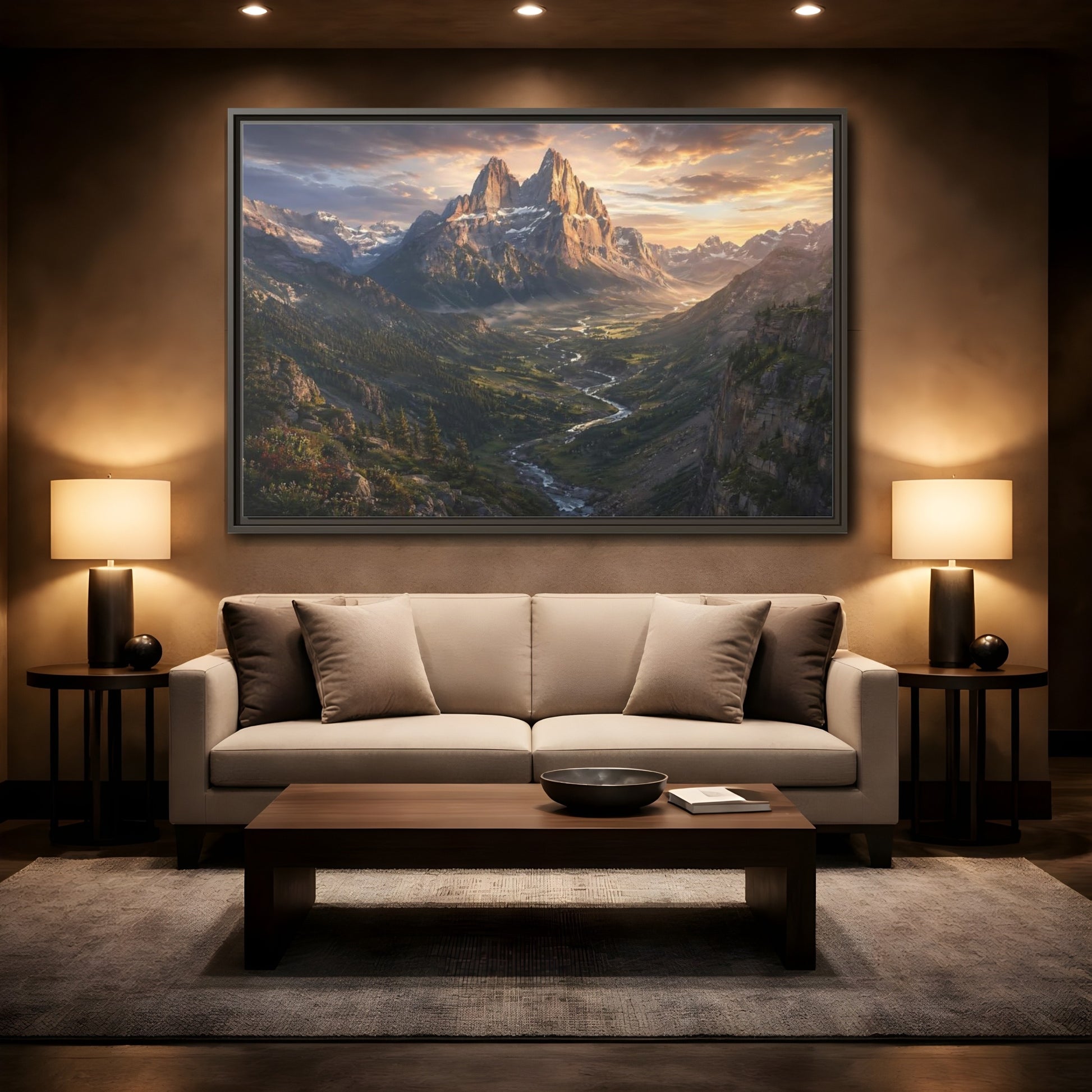 Mockup 2. Nature Mountain Peaks Golden Mountain Valley shown as stretched canvas wall art