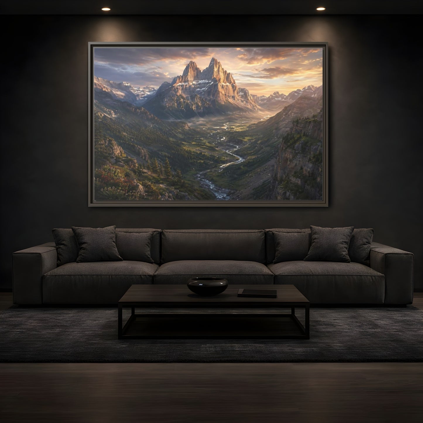 Mockup 3. Nature Mountain Peaks Golden Mountain Valley shown as stretched canvas wall art